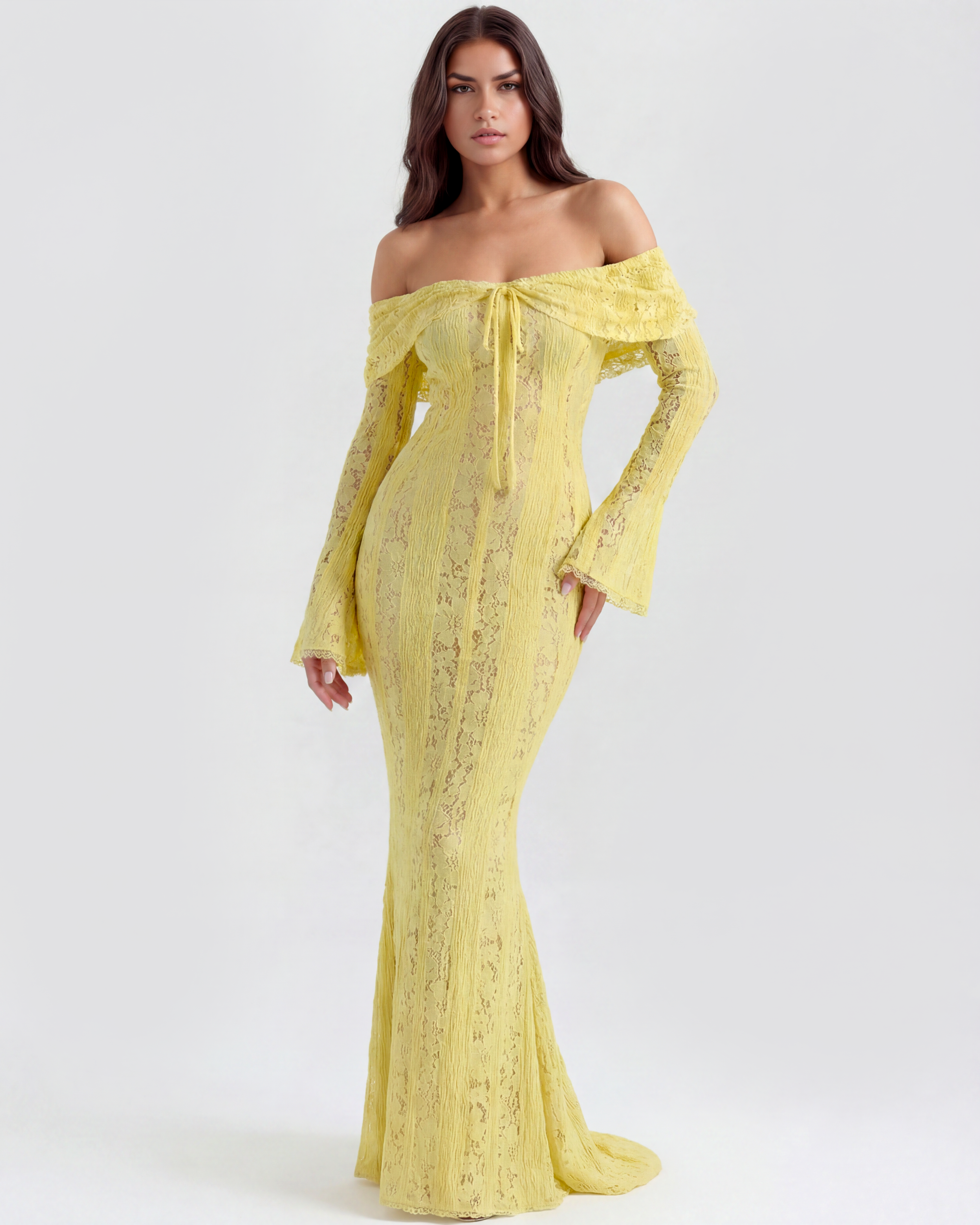 Long lace dress with Bardot neckline – Lidia Nova
