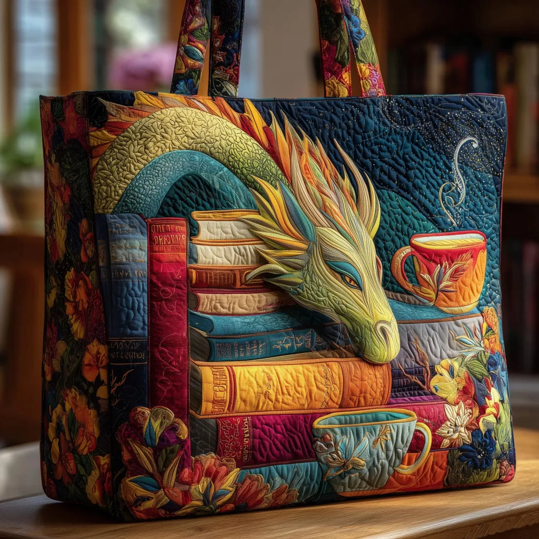 Handcrafted Dragon Shoulder Bag with Books and Cups – Lidia Nova