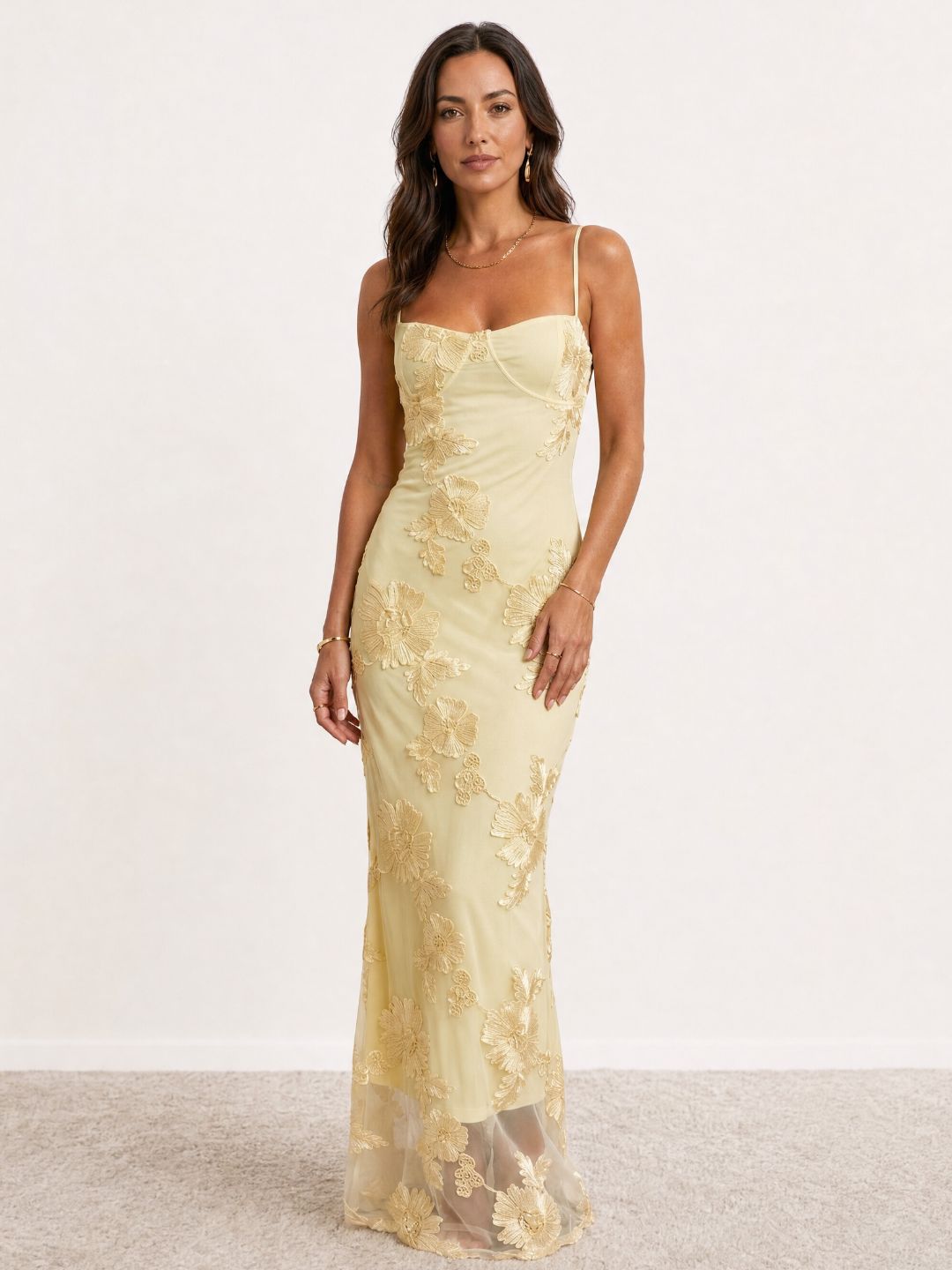 yellow embroidered dress Bright Personality Floral Skater Mini Color crush Zapaka Women Yellow Long Prom
