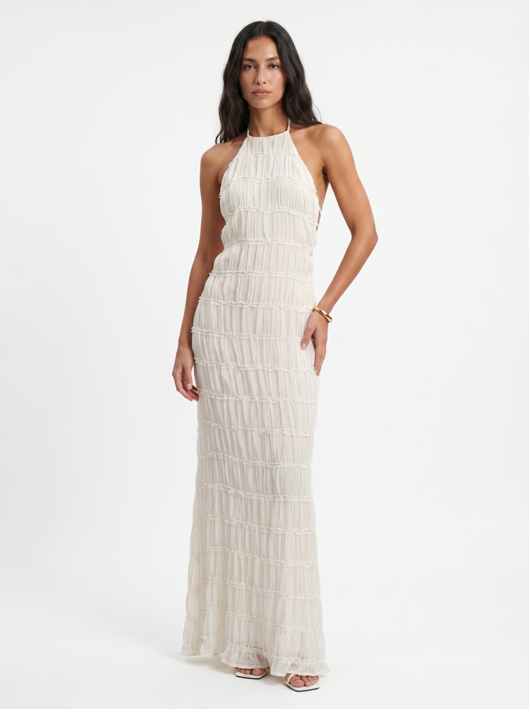 white pleated halter dress Stacie Maxi / Ivory | MESHKI its graceful pleats and halter neckline create a timeless silhouette with subtle drama Pleated Halter Embellished Mini Dress