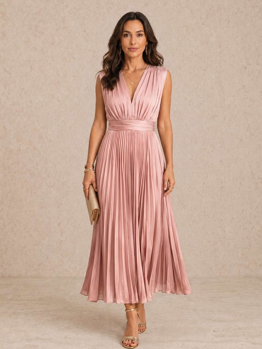Pleated V-neck midi dress