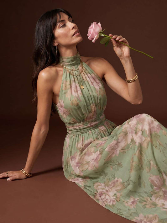 Long halter-neck dress with floral print