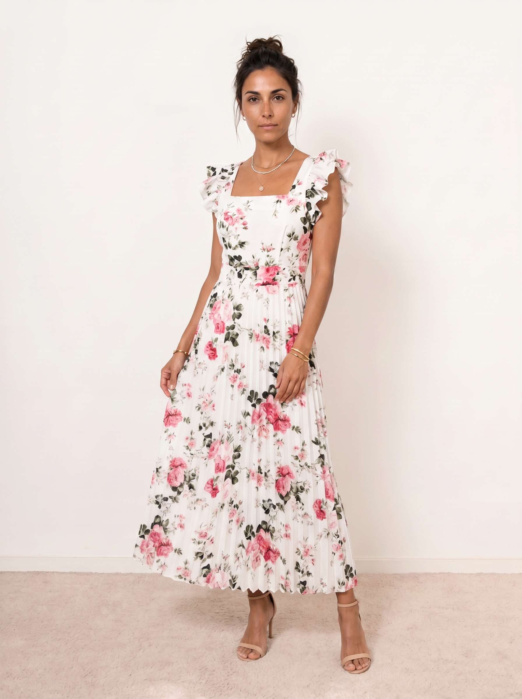 Pleated Midi Floral Dress with Ruffles L