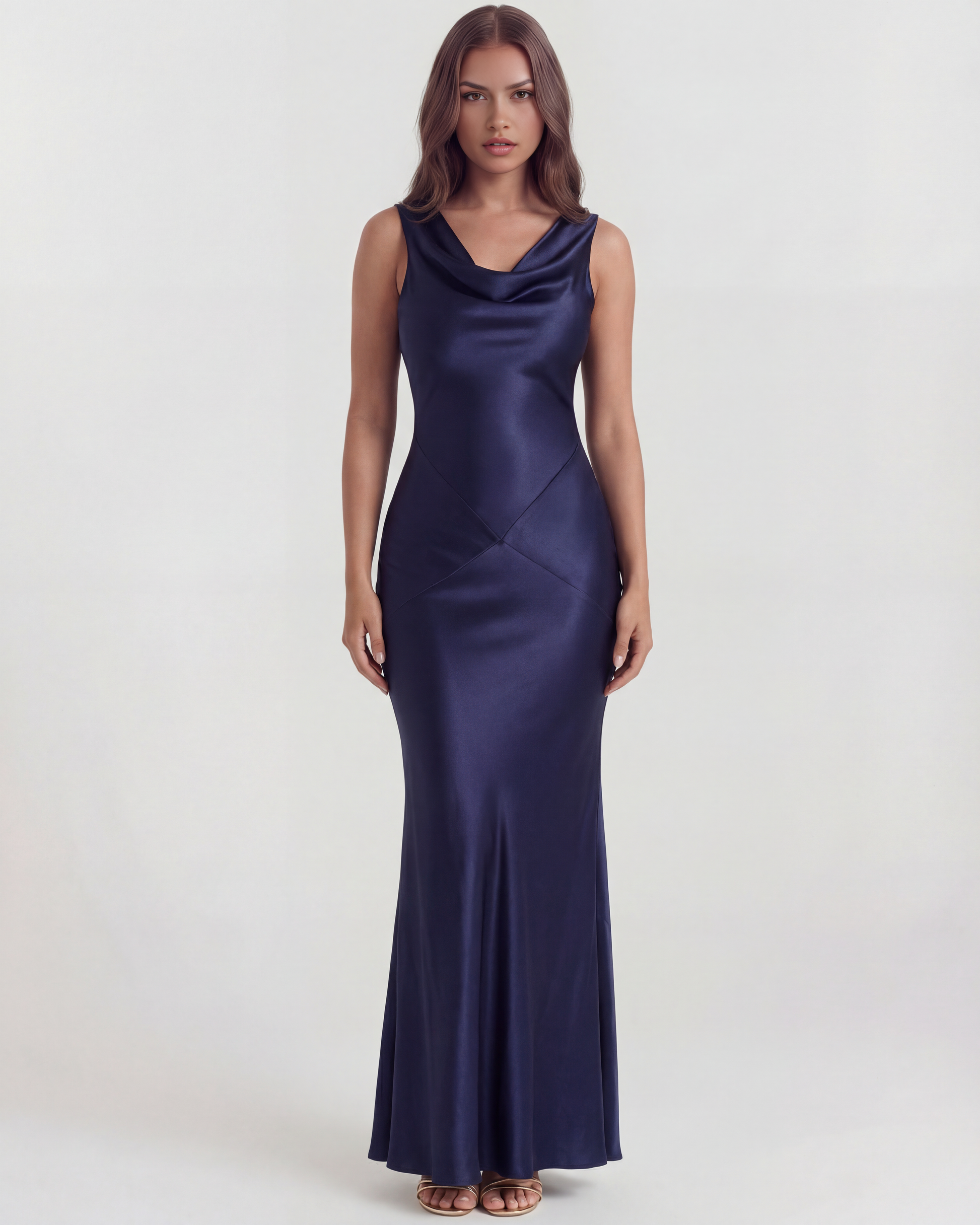 Satin long dress with draped neckline