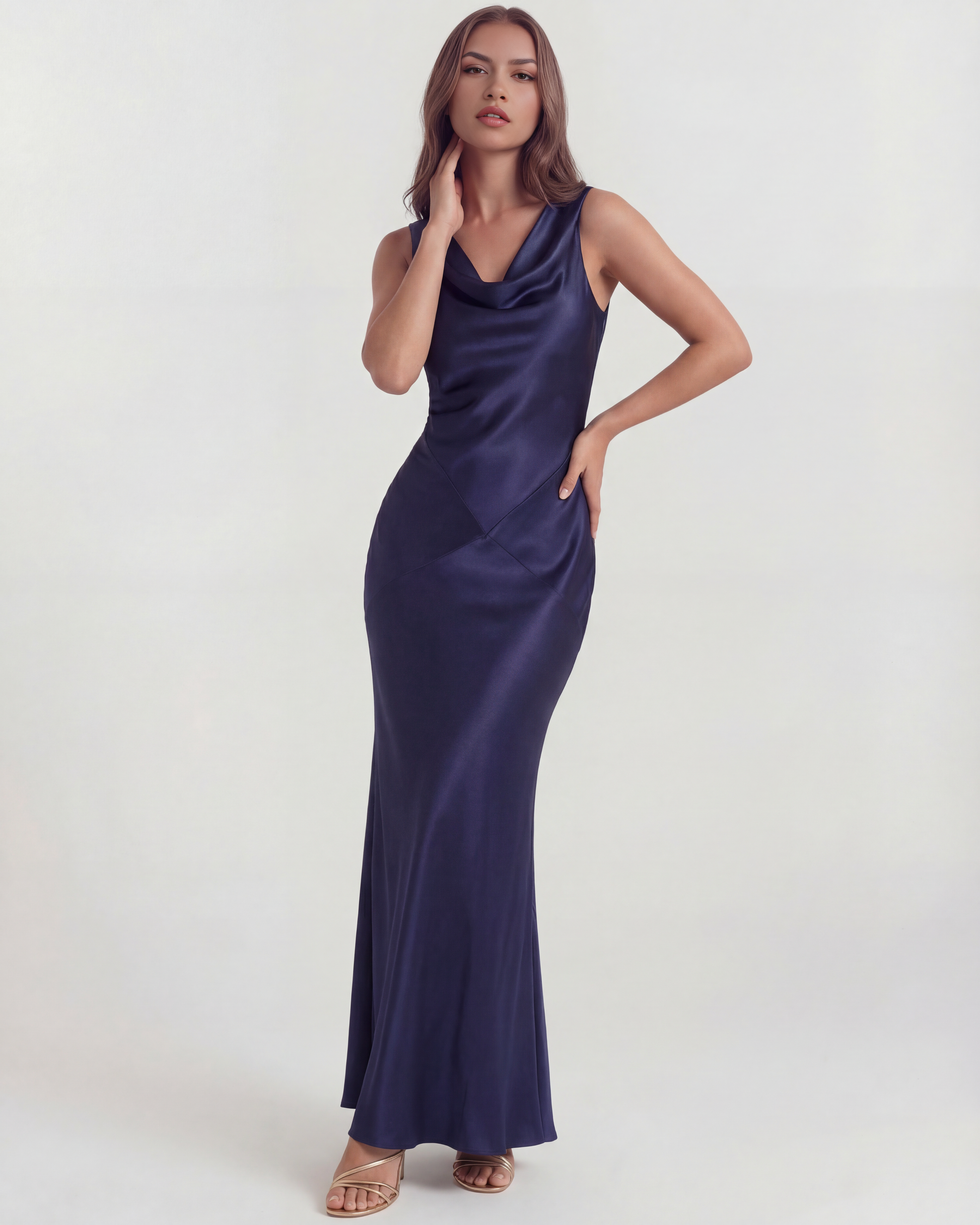 Satin long dress with draped neckline