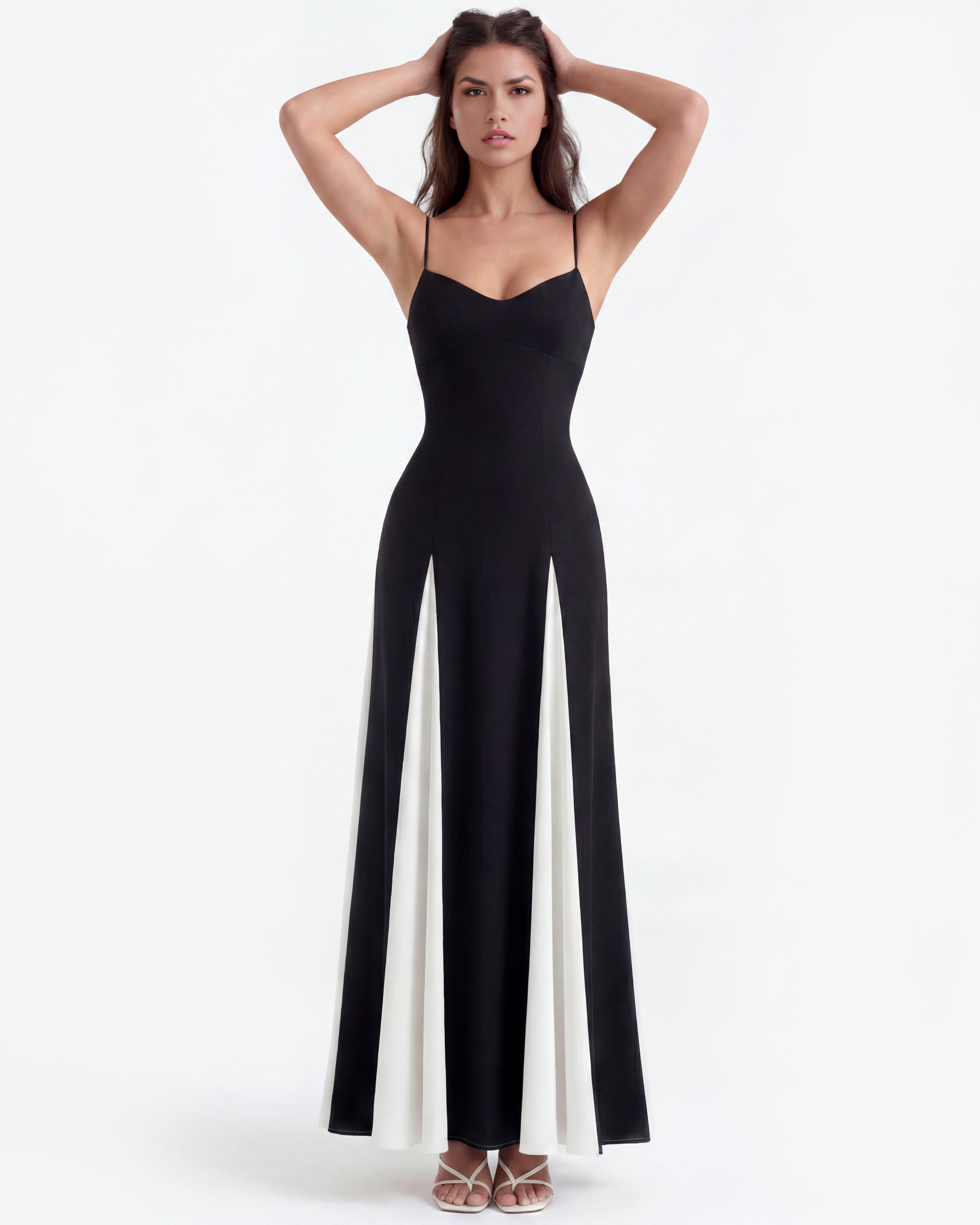Long dress with thin straps and contrast panels