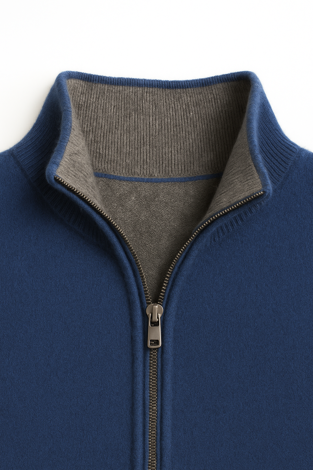 Navy reversible cashmere zip sweater by Emiral Couture, showcasing a luxurious knit texture and modern design.