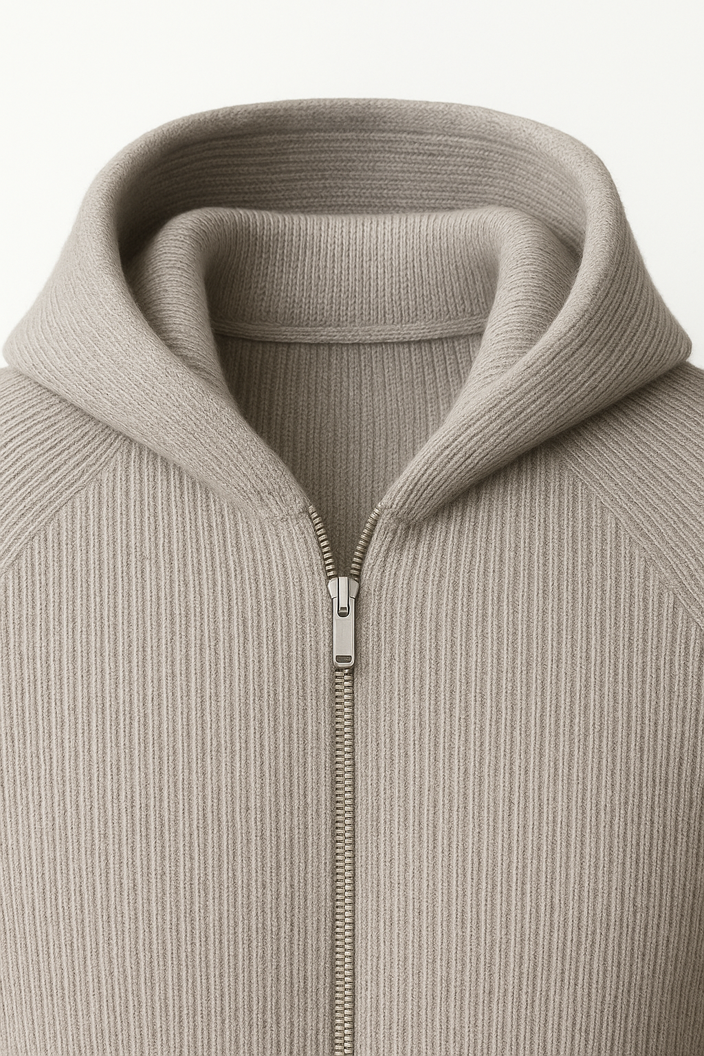 Grey merino hooded sweater from Emiral Couture, featuring a soft knit texture and a relaxed fit for comfort.