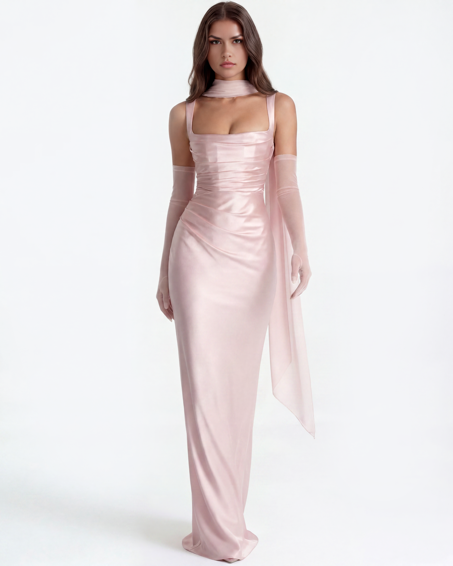Satin long dress with square neckline – Lidia Nova