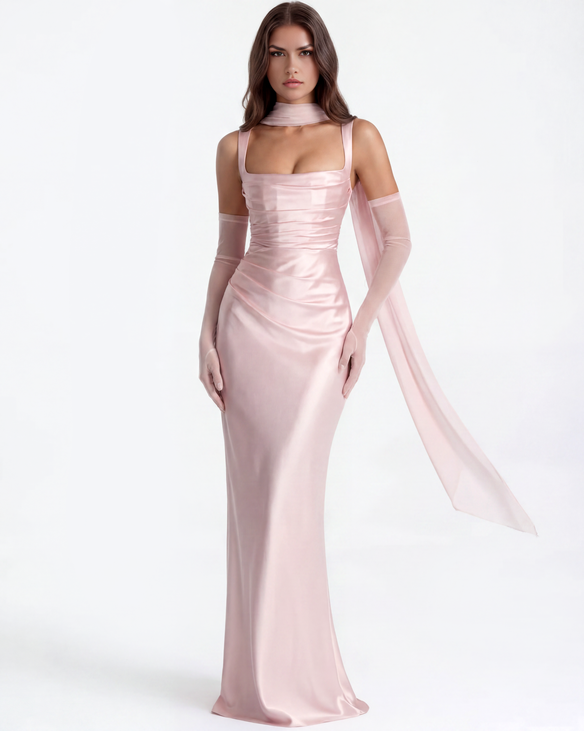 Satin long dress with square neckline