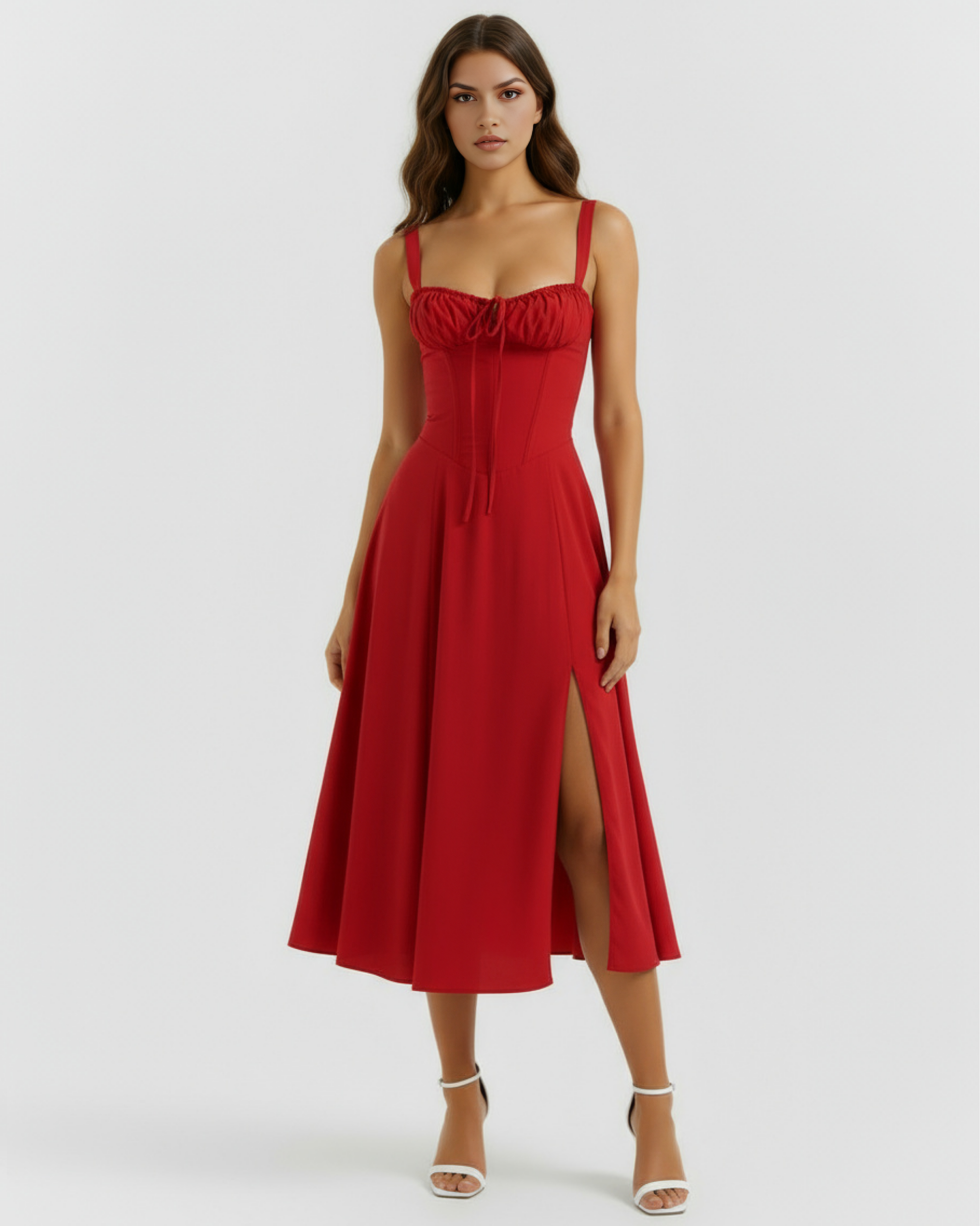 midi corset dress Stretch Satin Back In Matador Red Contrast/Lining True Violet corset midi dress