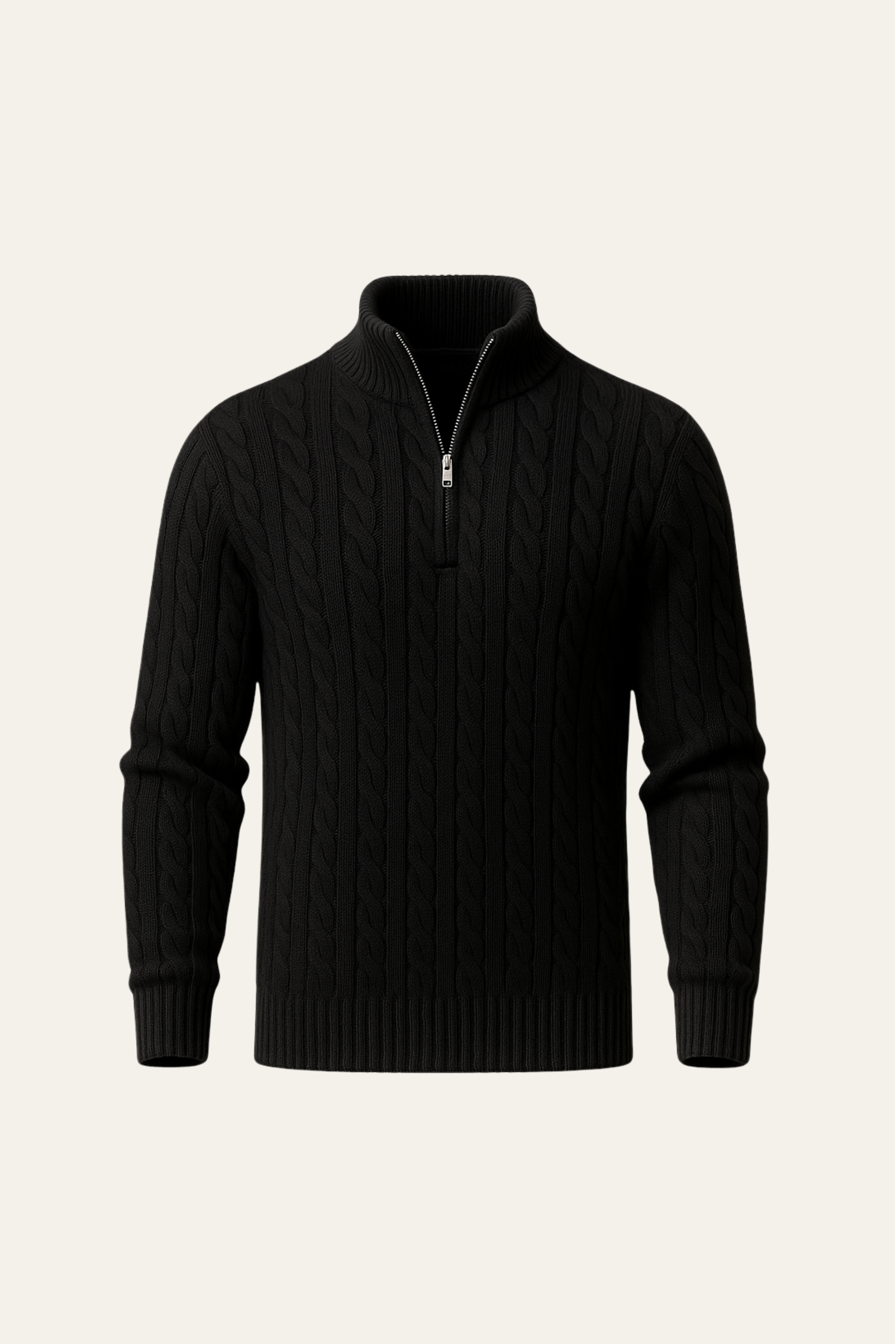Emiral Couture black cable knit sweater featuring a cozy design and textured fabric for a stylish winter look.
