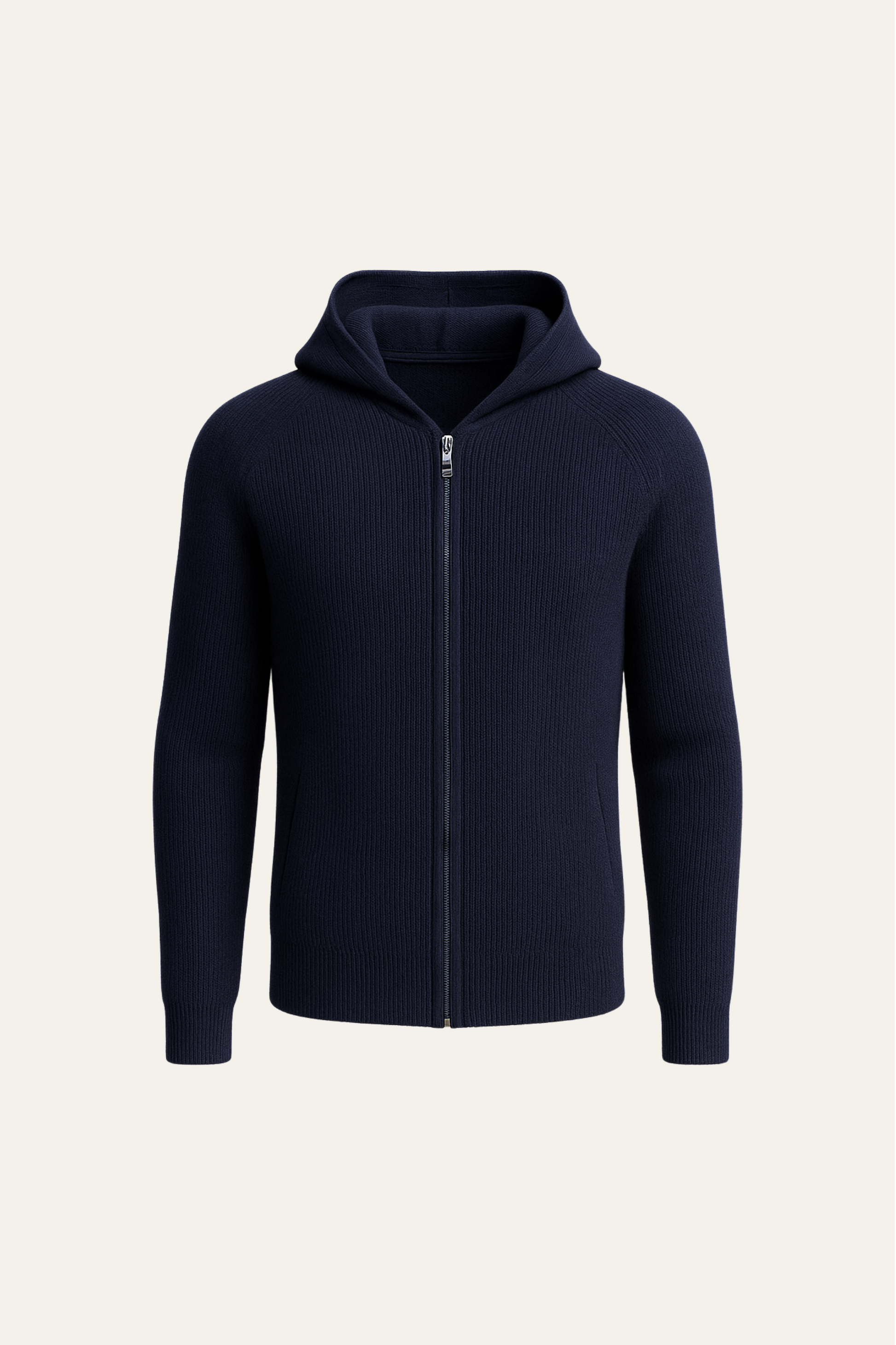 Navy hooded sweater made of merino wool by Emiral Couture, featuring a relaxed fit and ribbed cuffs.
