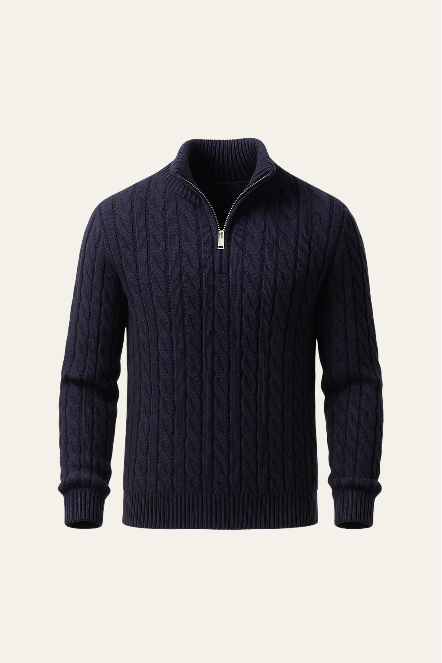 Emiral Couture navy cable knit sweater with textured design and round neckline, perfect for layering in cooler weather.