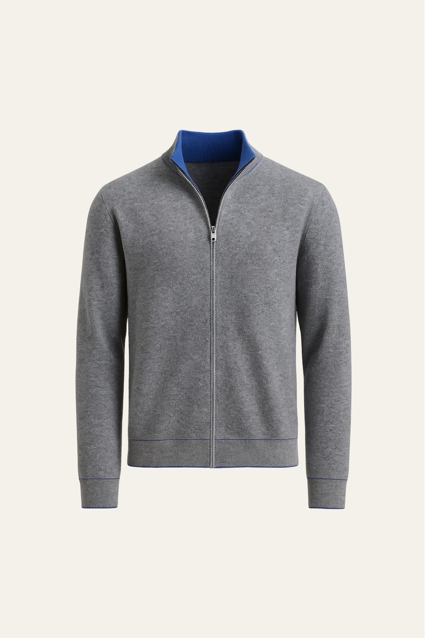 Emiral Couture navy cashmere sweater featuring a reversible design and zip front for versatile styling options.