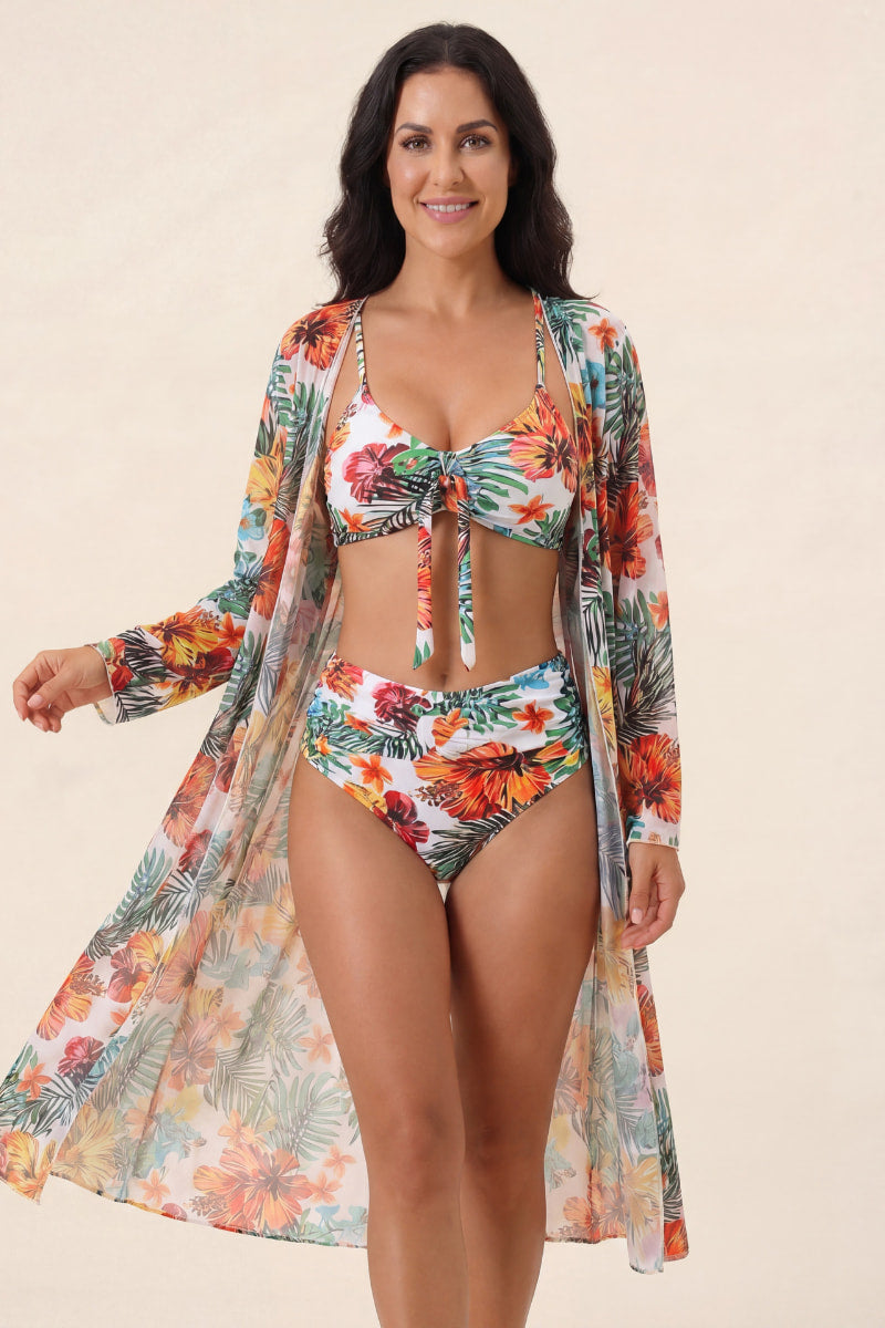Tropical bikini set with flowing kimono