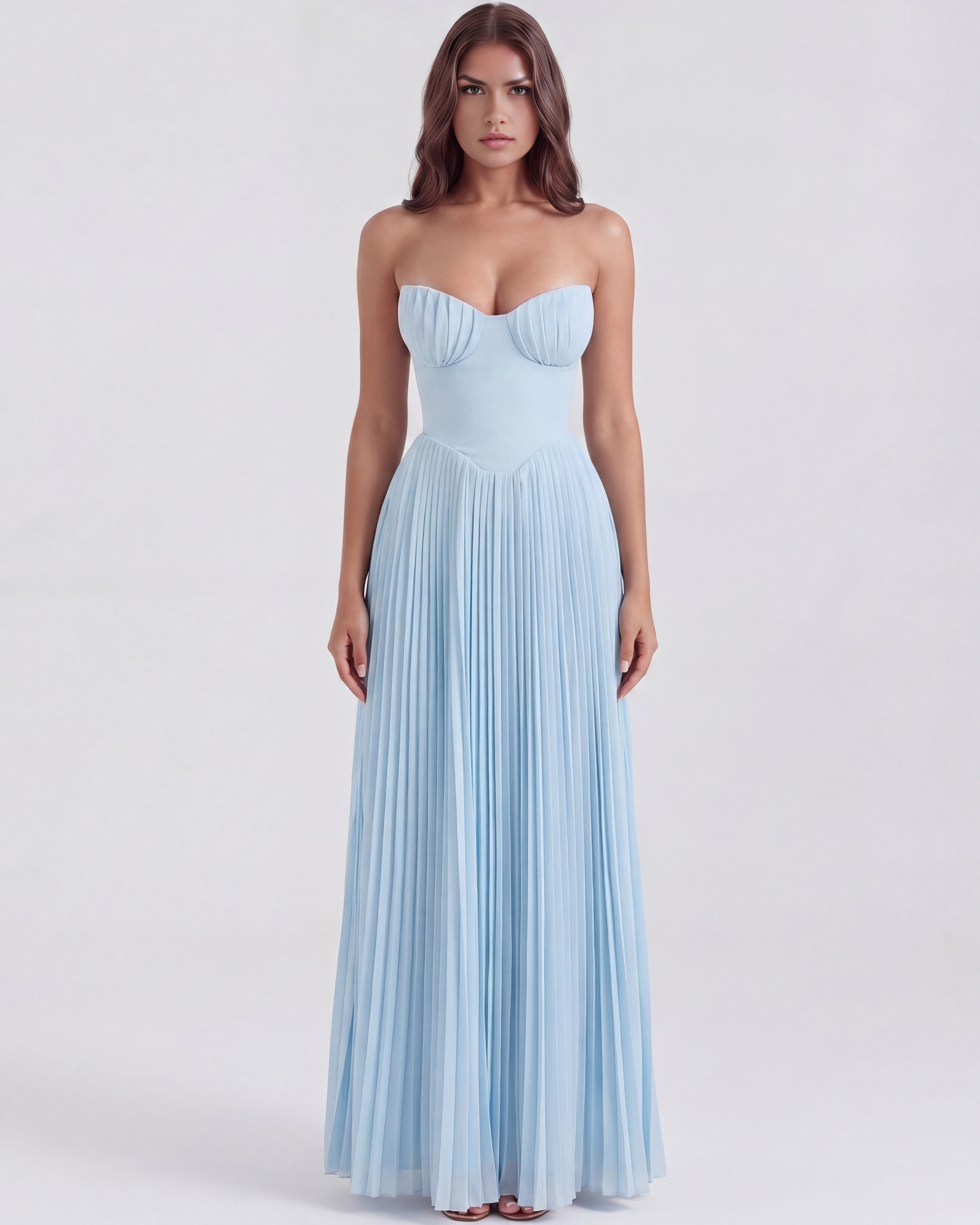 Long pleated dress with strapless neckline