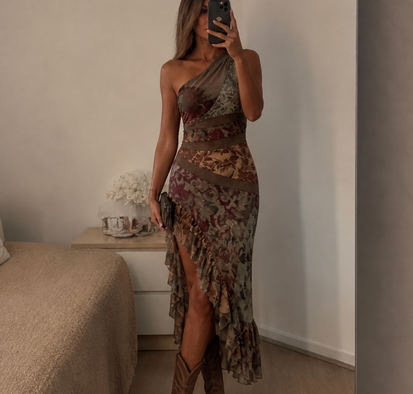 Printed tulle dress with ruffles