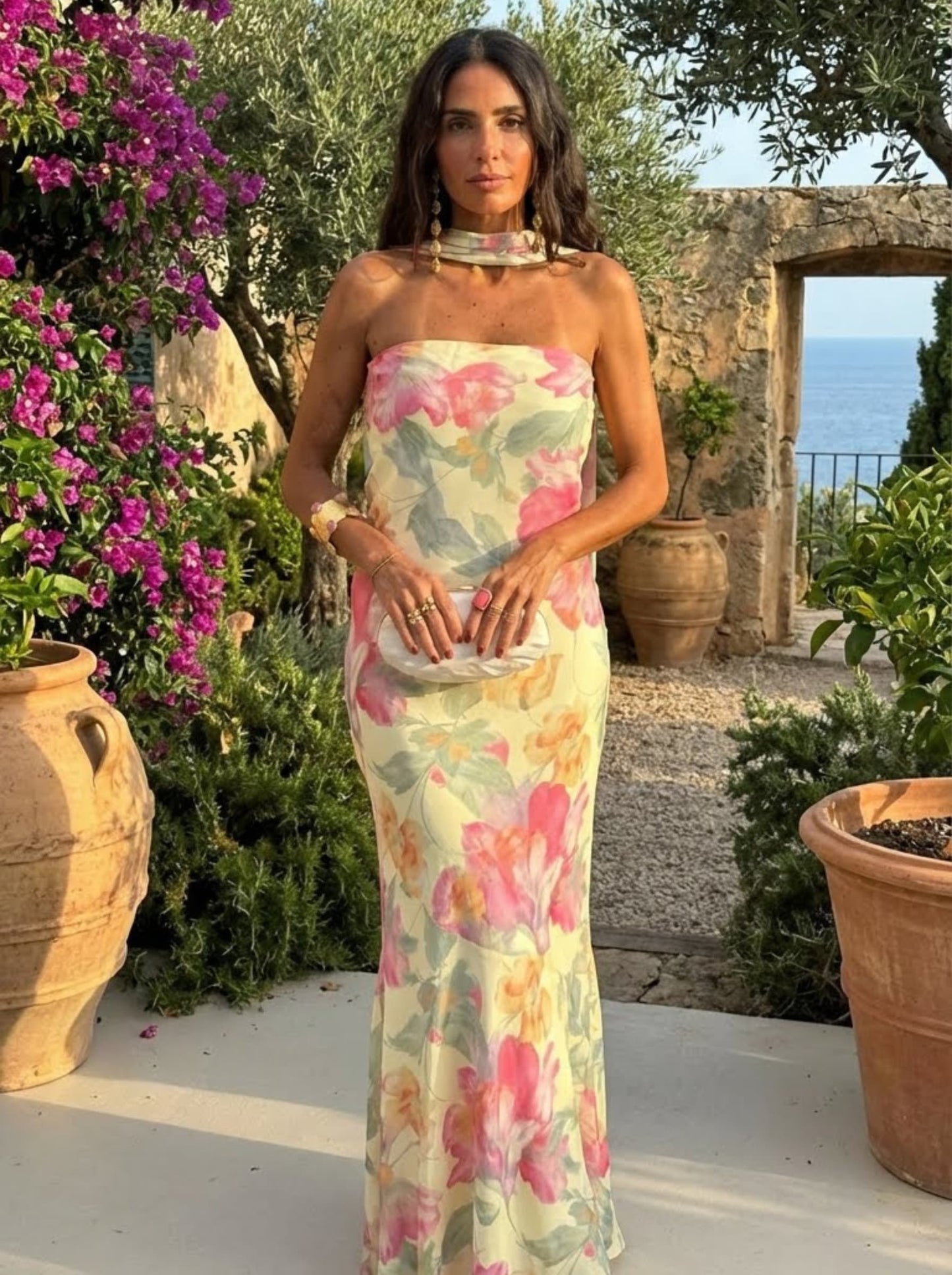 CAPRI | Vestido Largo Strapless Floral Acuarela