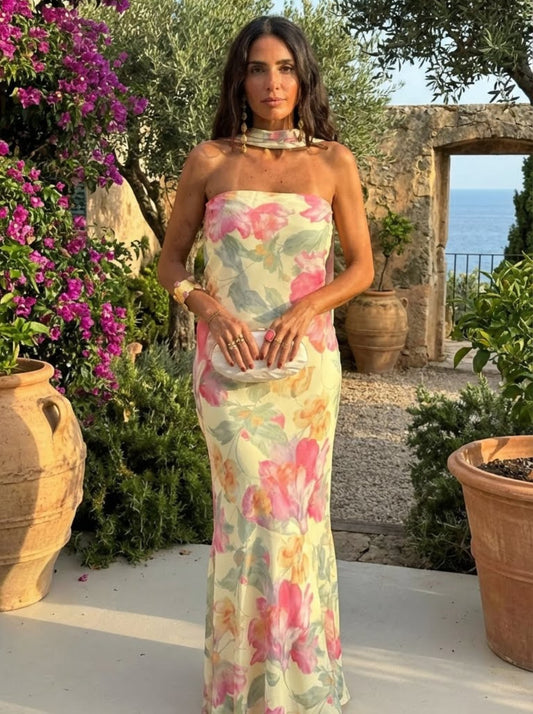 CAPRI | Vestido Largo Strapless Floral Acuarela
