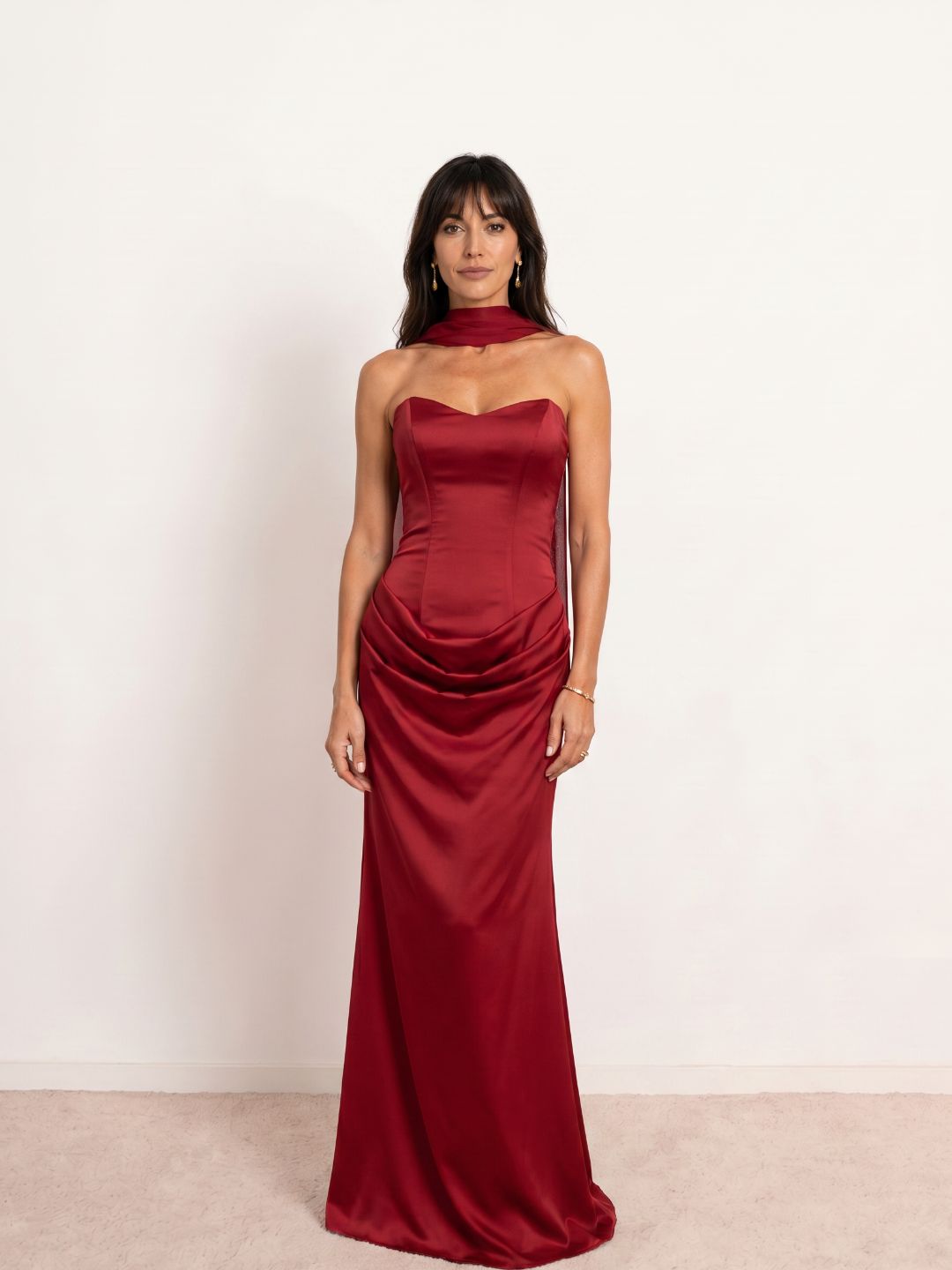 Draped satin sweetheart neckline dress