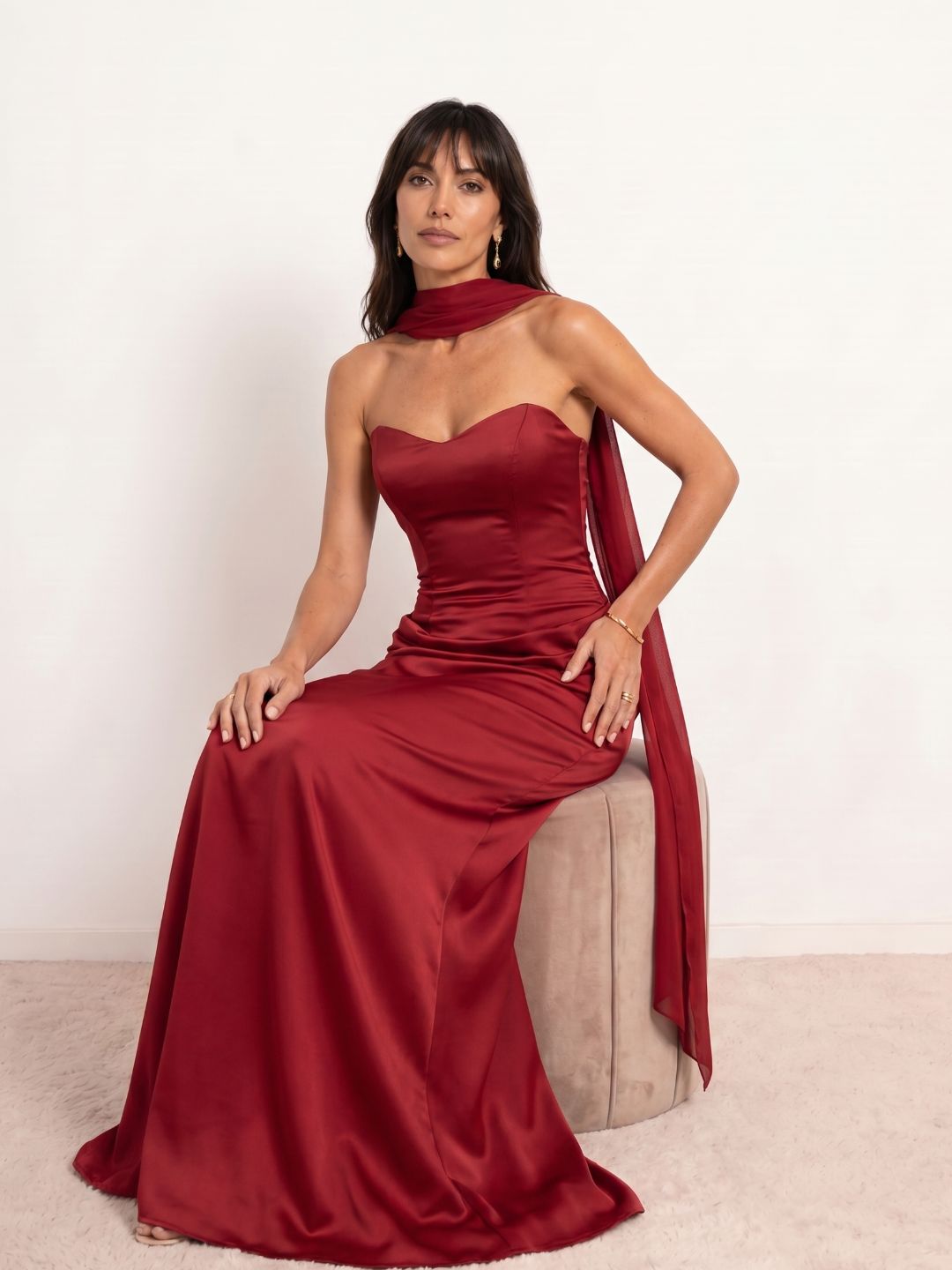 Draped satin sweetheart neckline dress