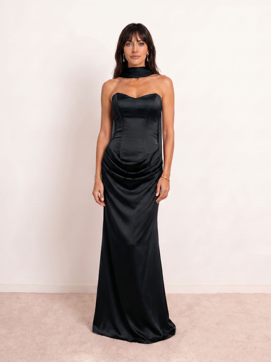 Draped satin sweetheart neckline dress