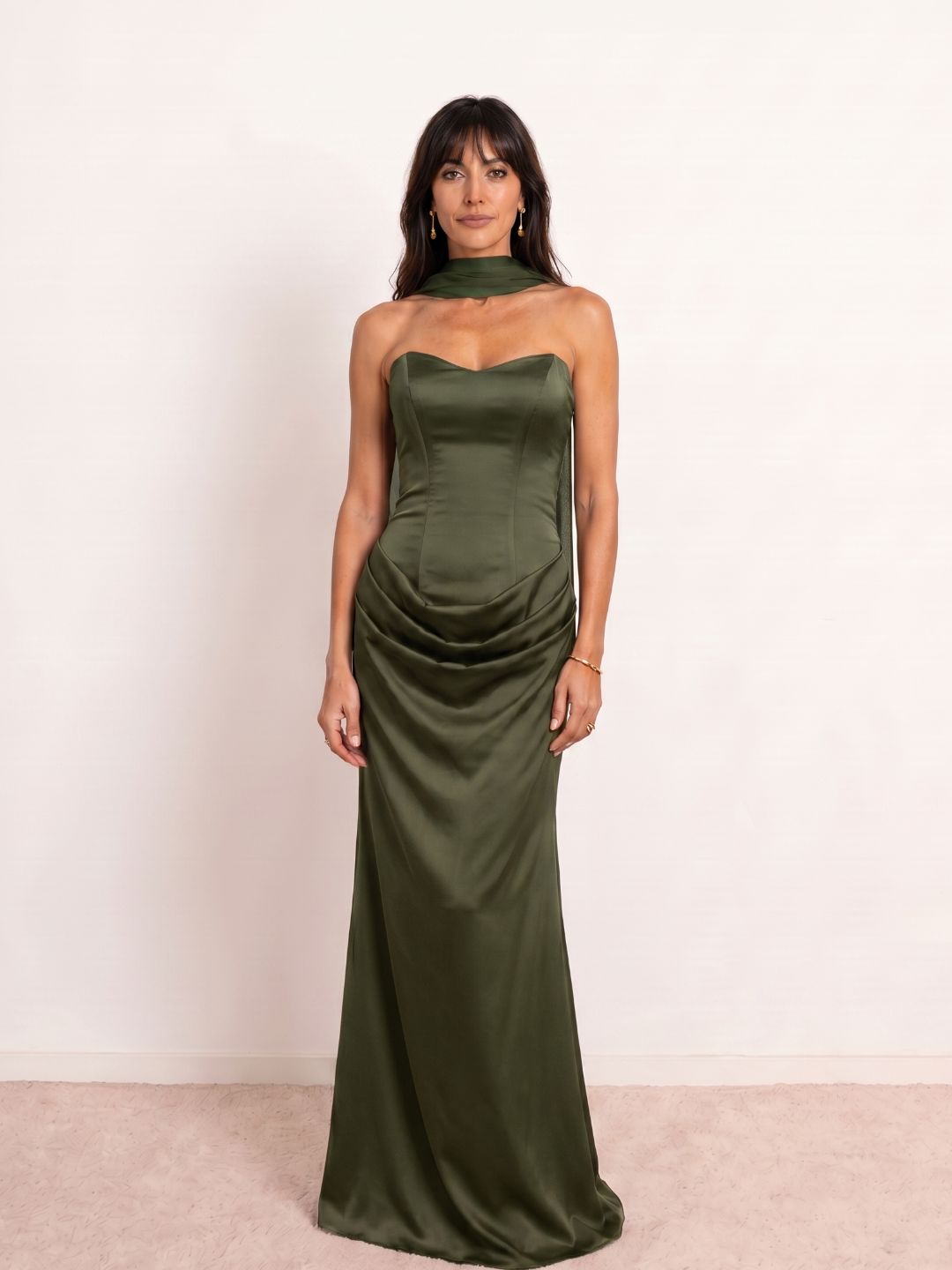 Draped satin sweetheart neckline dress