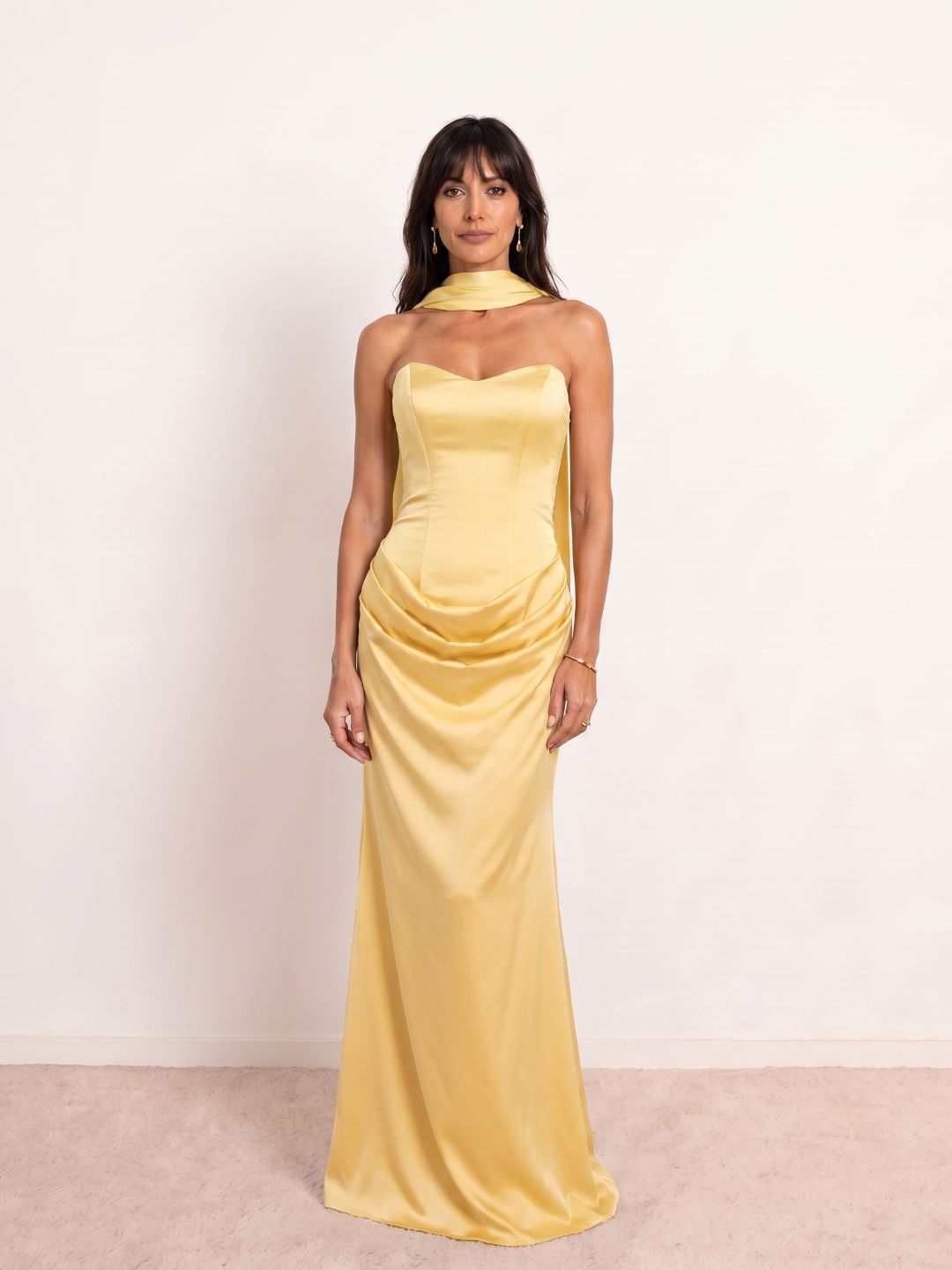 Draped satin sweetheart neckline dress