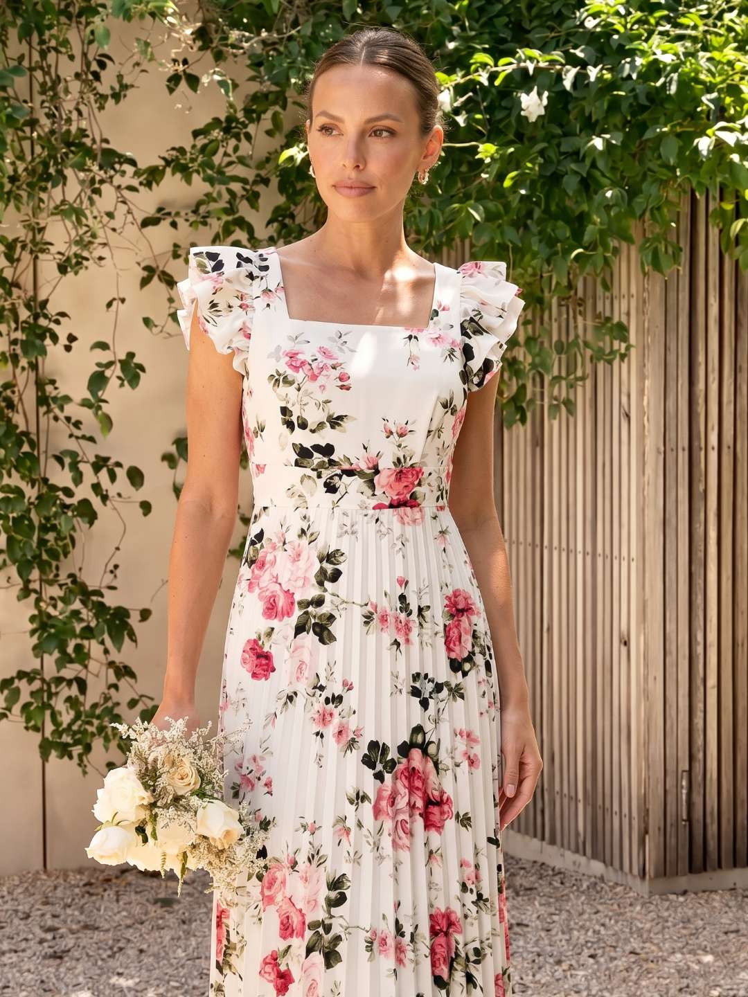 Pleated Midi Floral Dress with Ruffles L