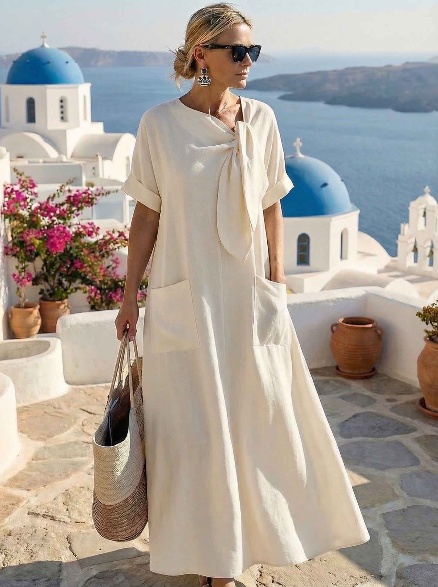 Flowy midi dress with neck tie