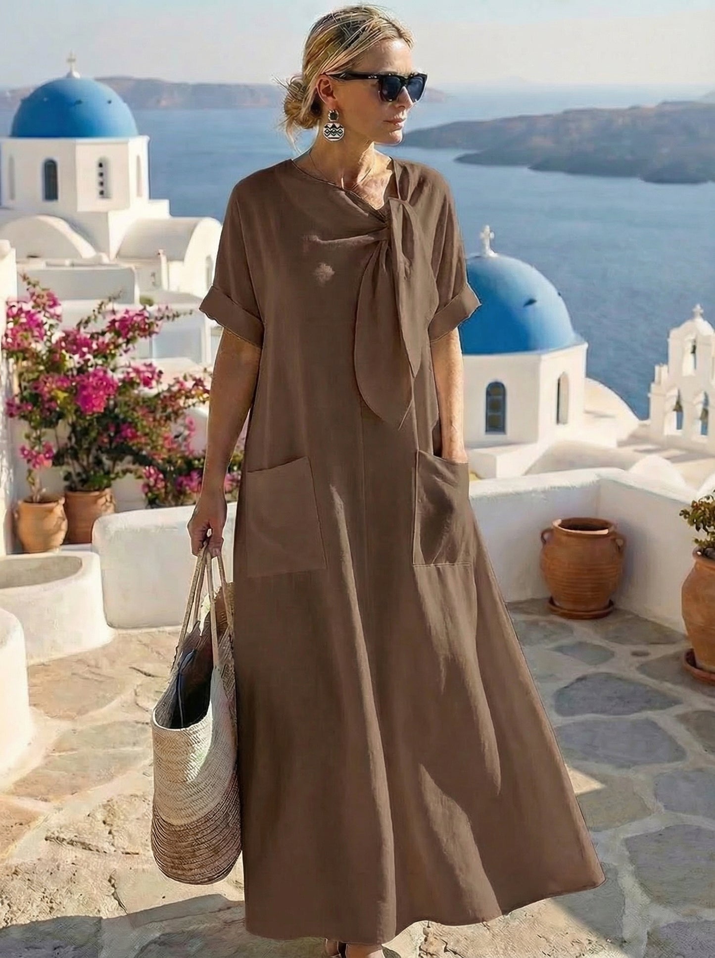 Flowy midi dress with neck tie