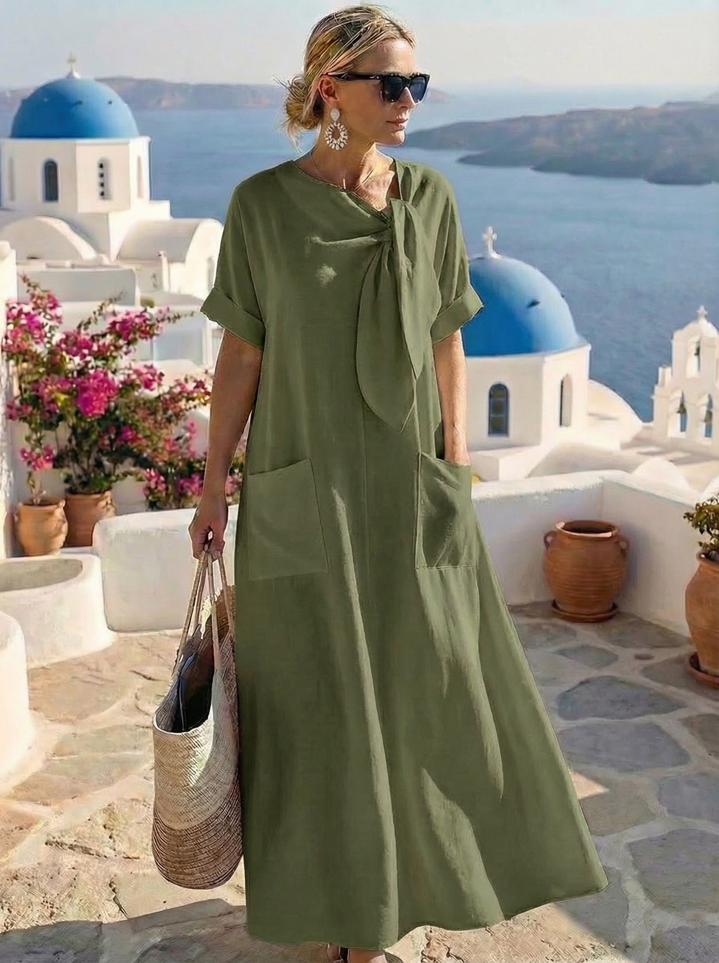 Flowy midi dress with neck tie