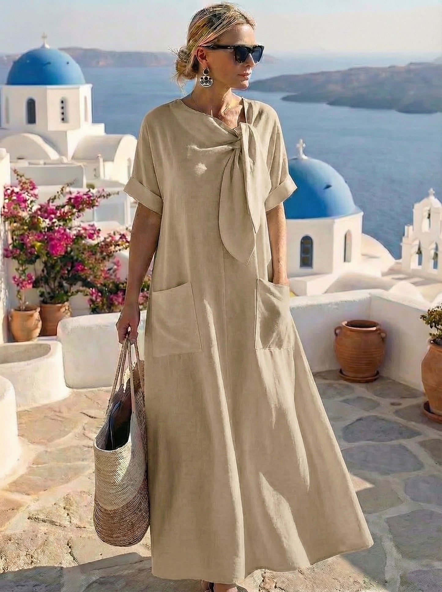 Flowy midi dress with neck tie