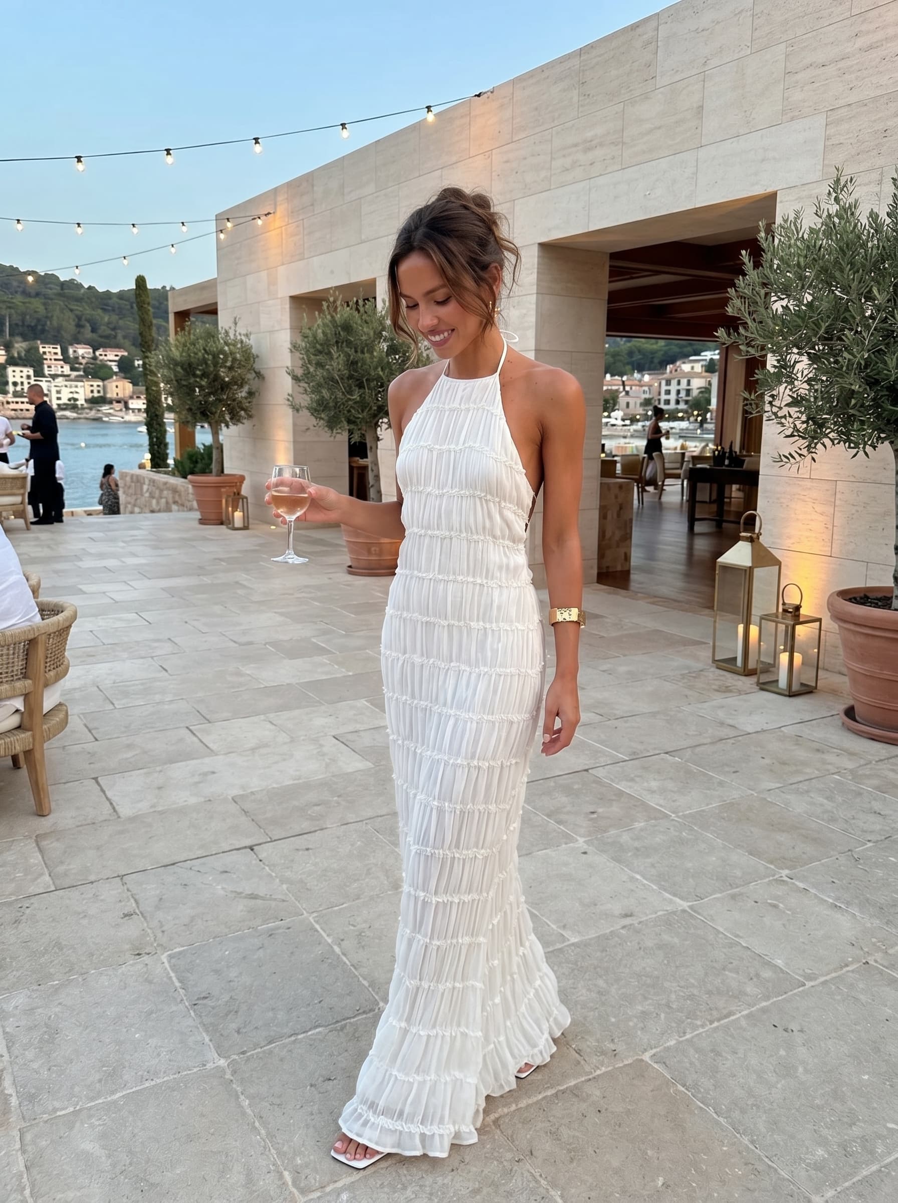 Long halter dress with pleated texture