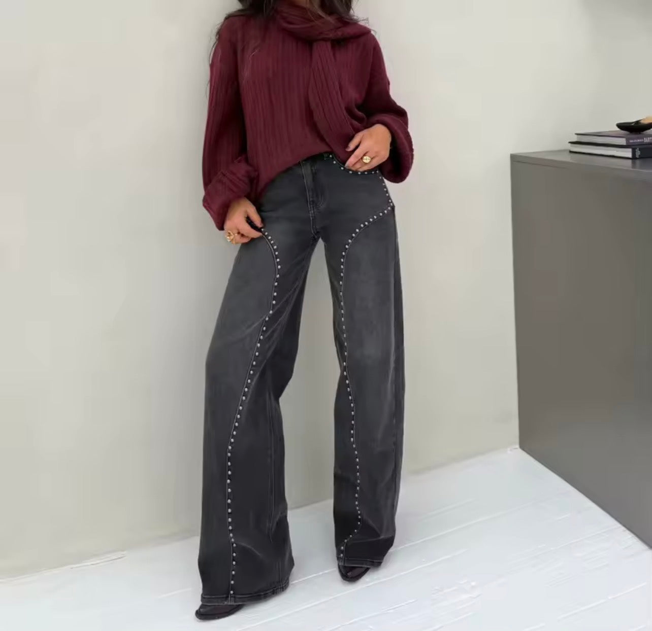 Wide Leg Denim Jeans Studded Details