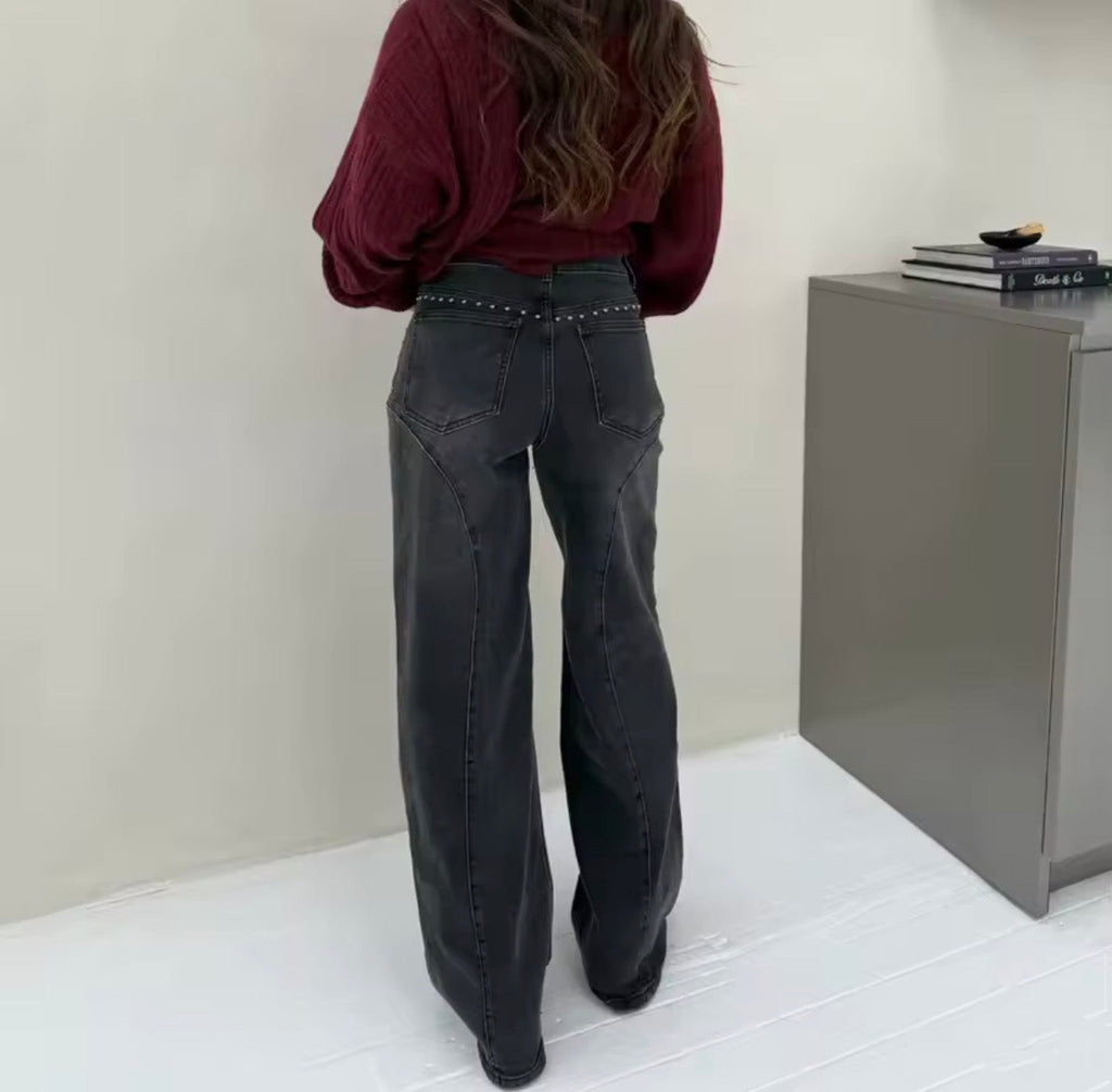 Wide Leg Denim Jeans Studded Details