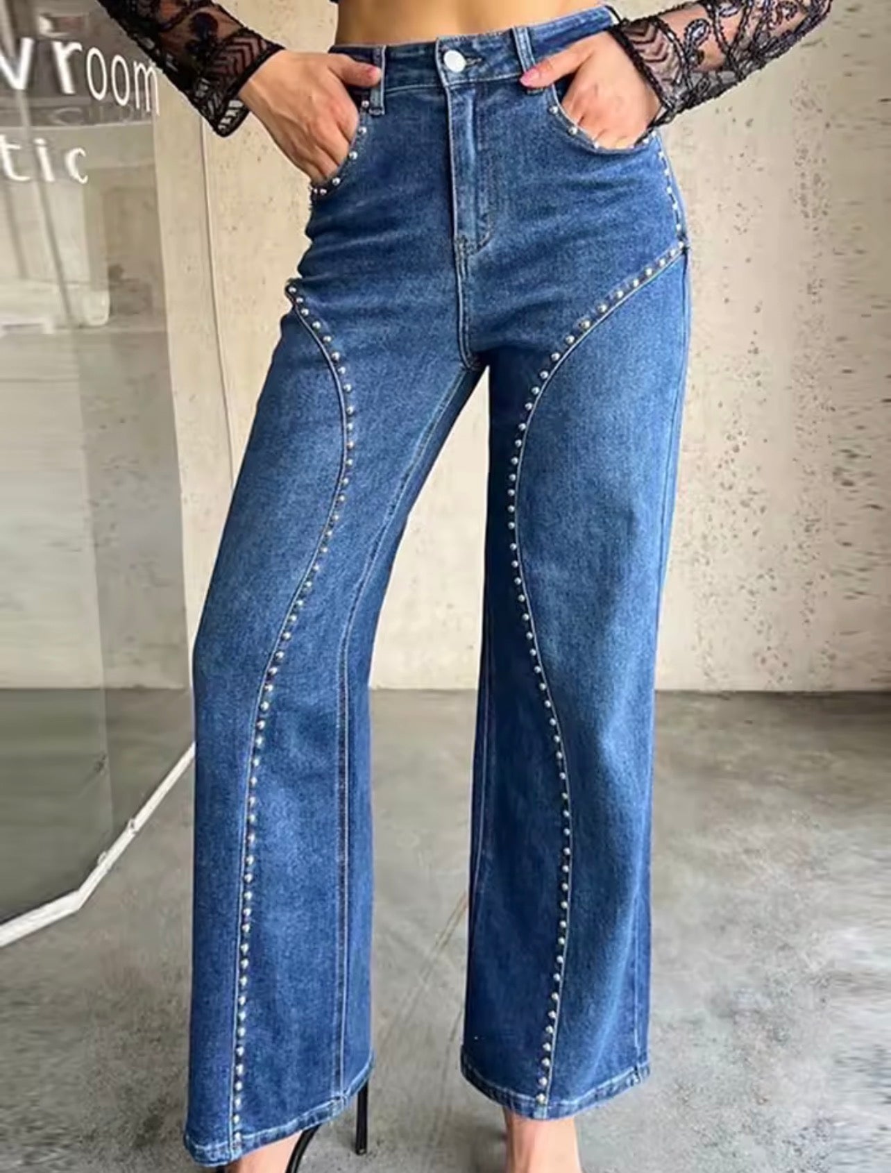 Wide Leg Denim Jeans Studded Details