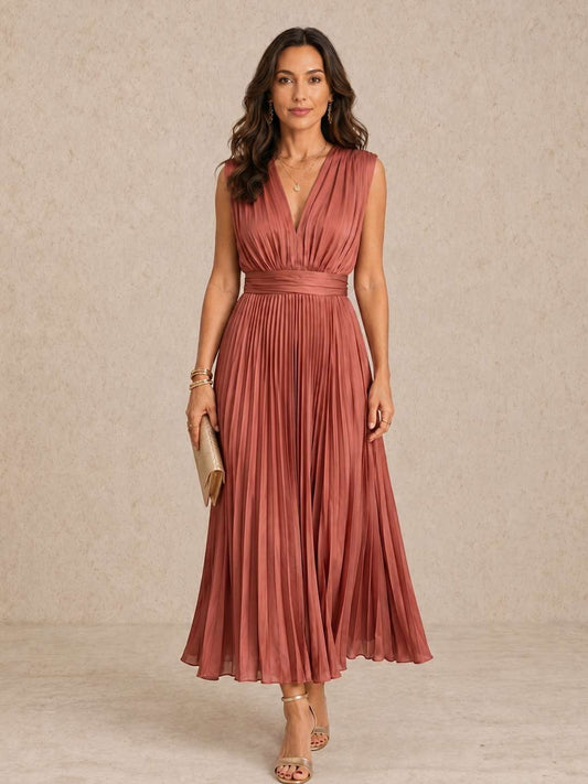 Pleated V-neck midi dress
