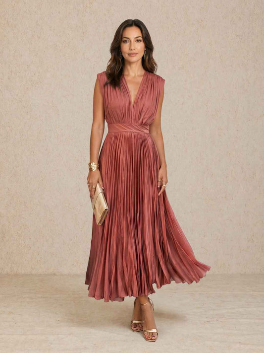 Vestido midi plisado con escote en V