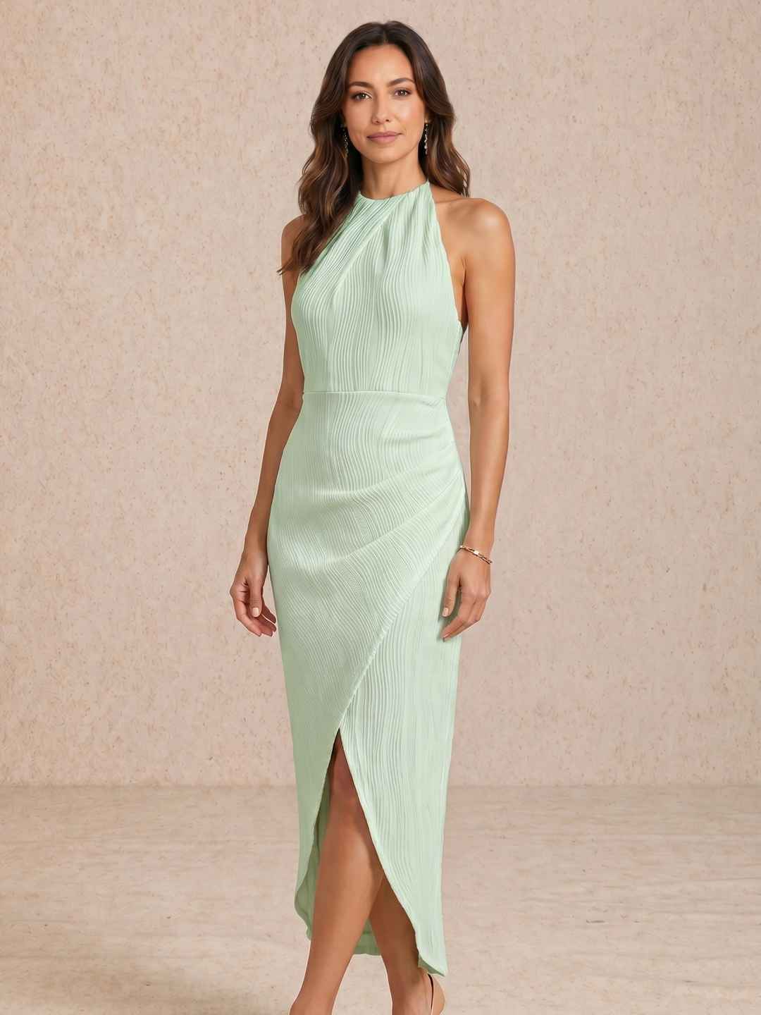 Pleated midi dress with halter neck