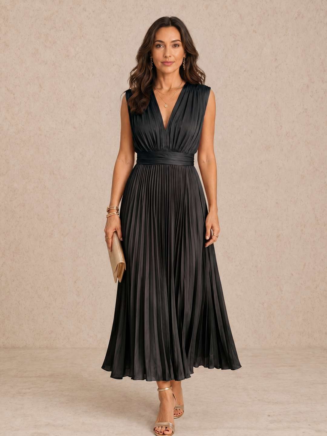 Pleated V-neck midi dress