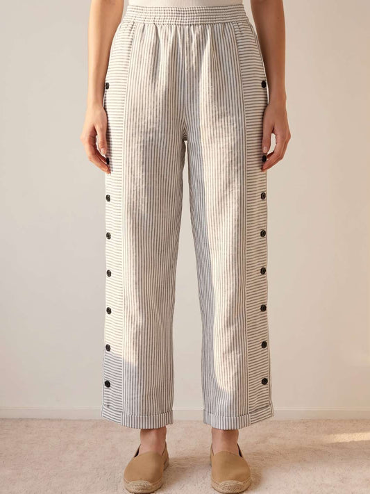 Straight-leg striped trousers with side buttons