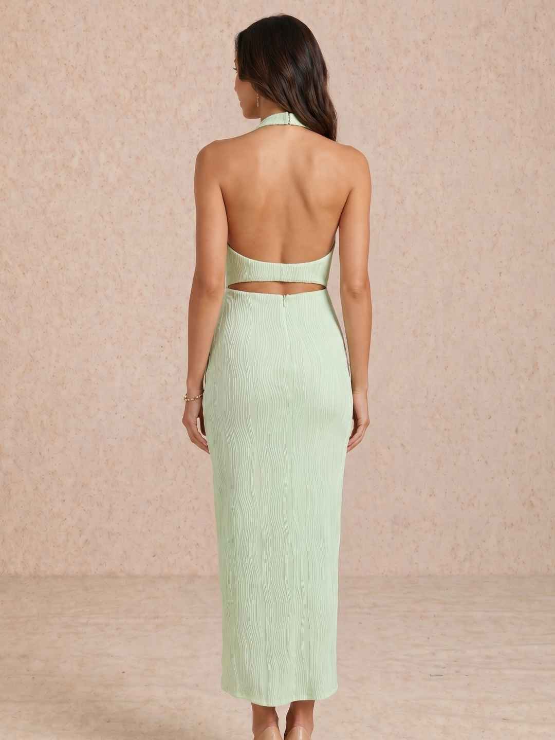 Pleated midi dress with halter neck