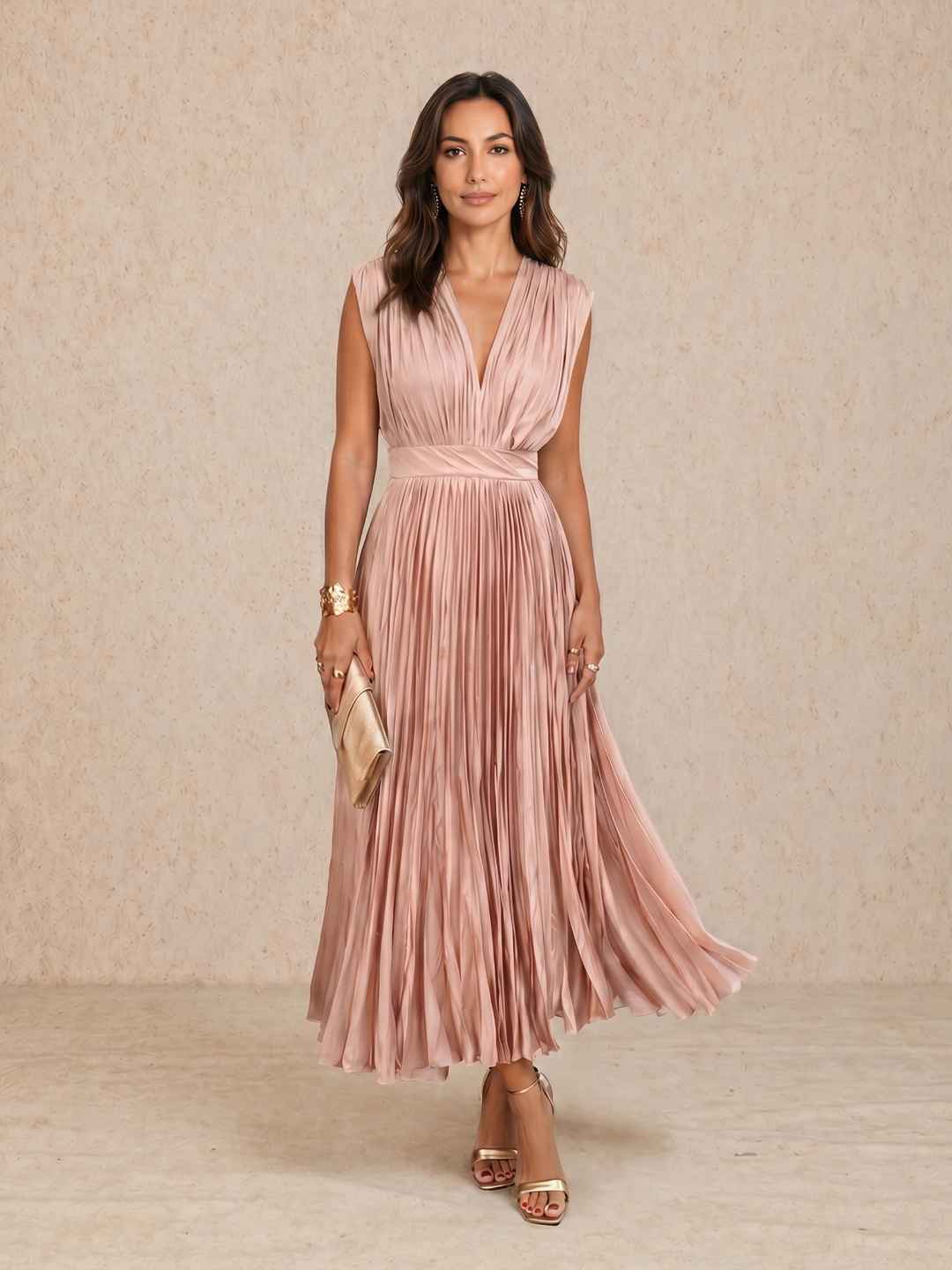 Vestido midi plisado con escote en V