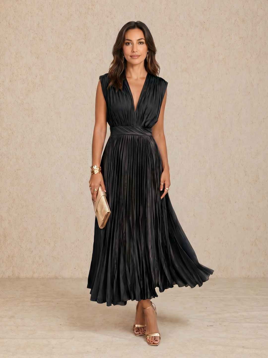 Vestido midi plisado con escote en V