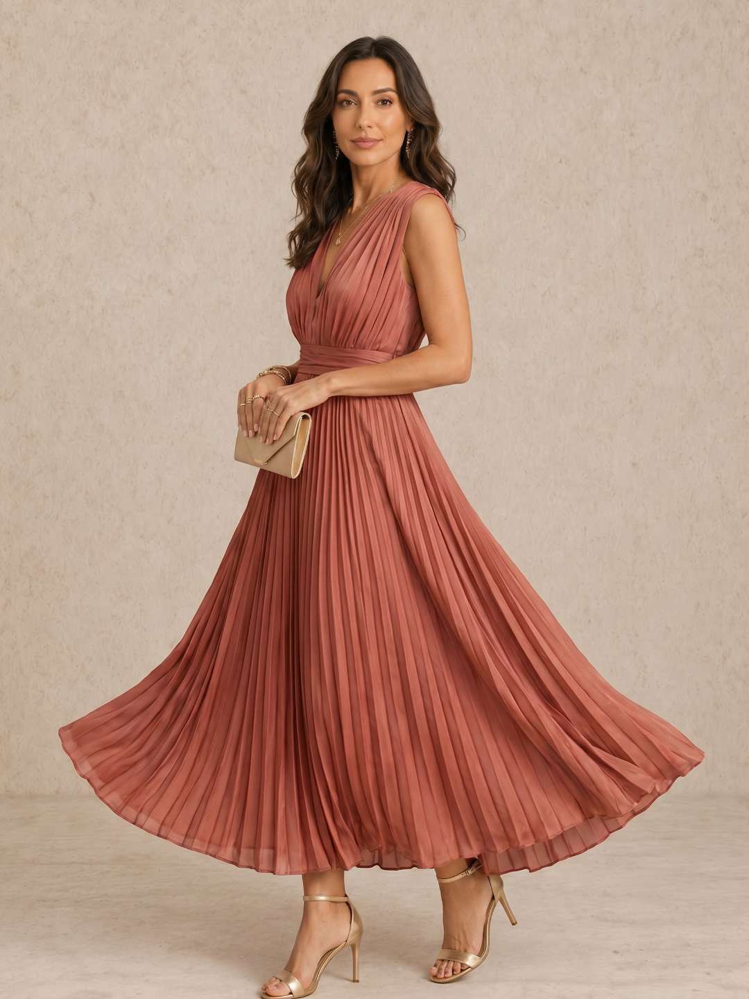 Pleated Midi Dress with V-Neckline