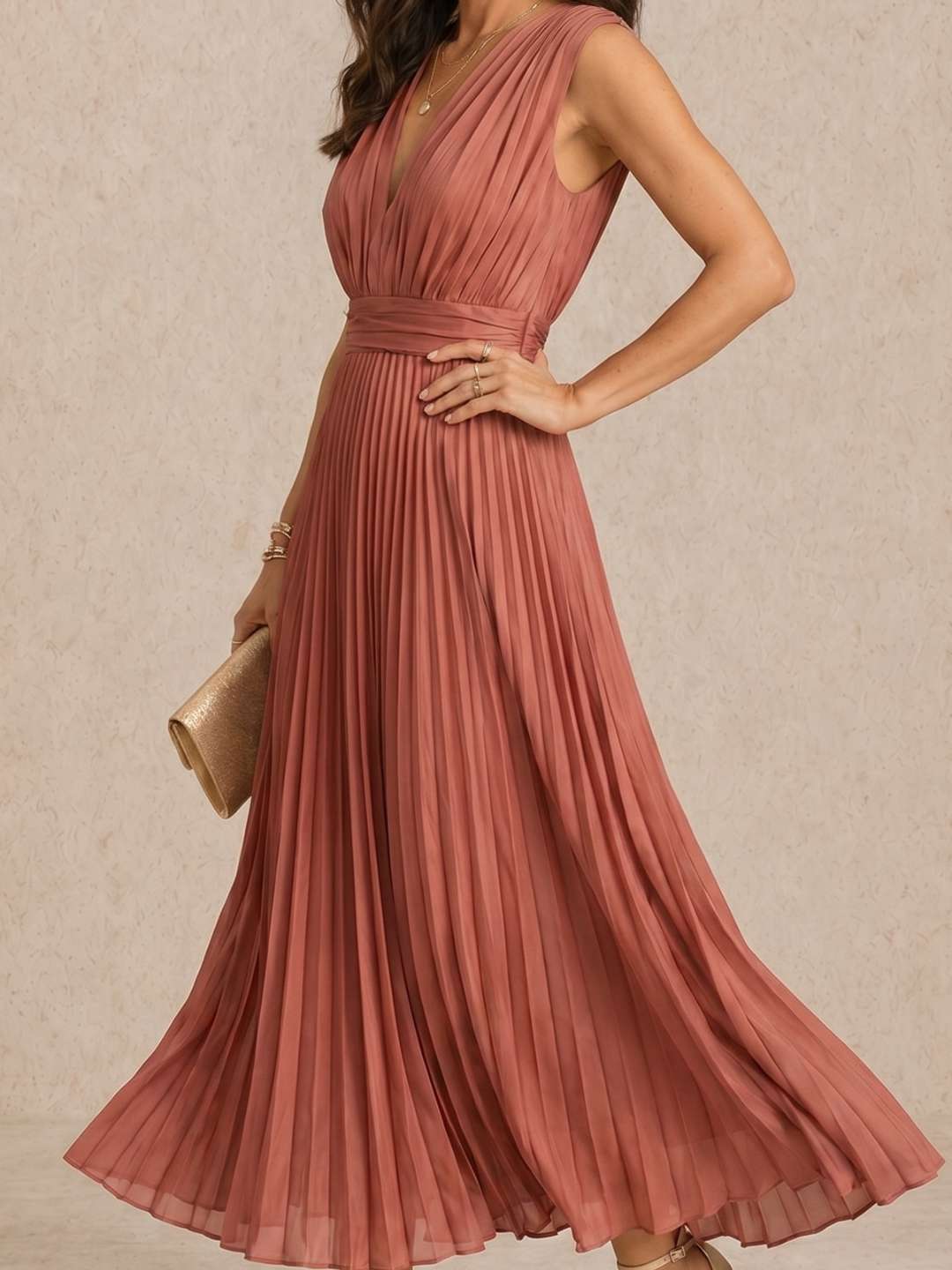 Pleated V-neck midi dress
