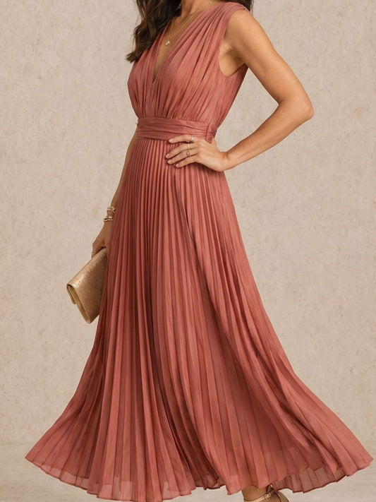 Pleated V-neck midi dress