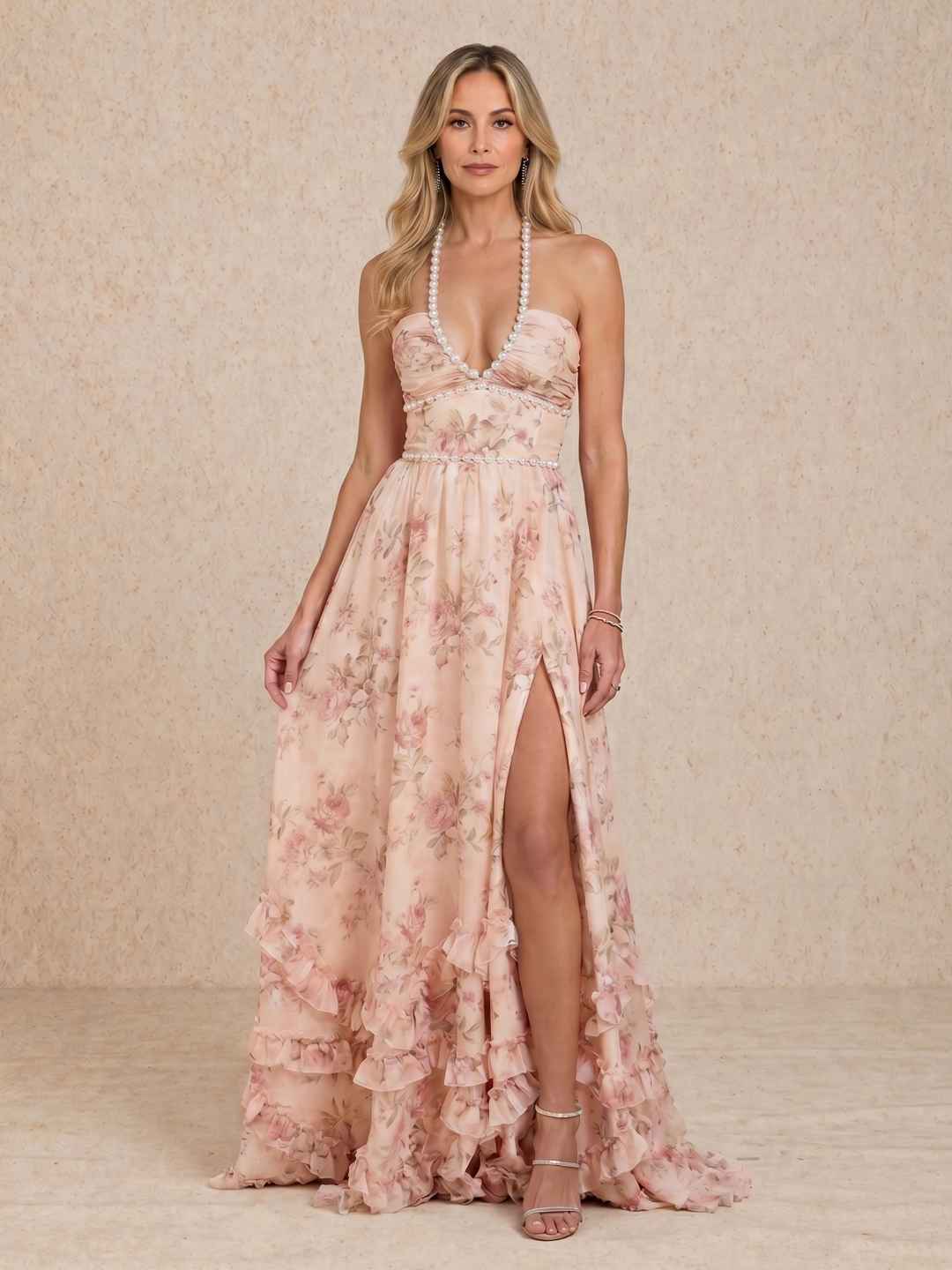 Long dress with a halter neckline and a slit
